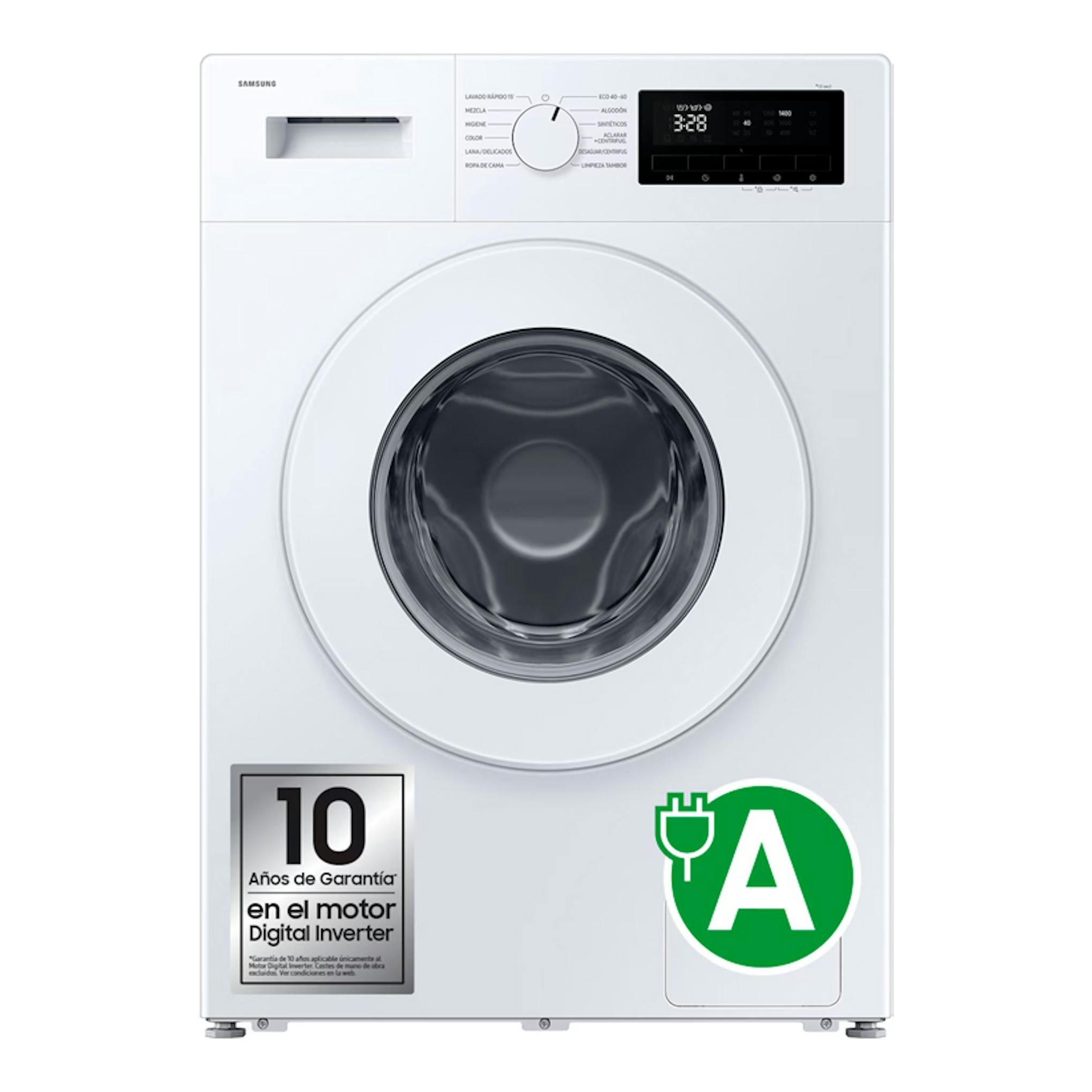 Lavadora Samsung WW70FG3M05TWEC blanca, vista frontal, con puerta circular y panel digital superior.