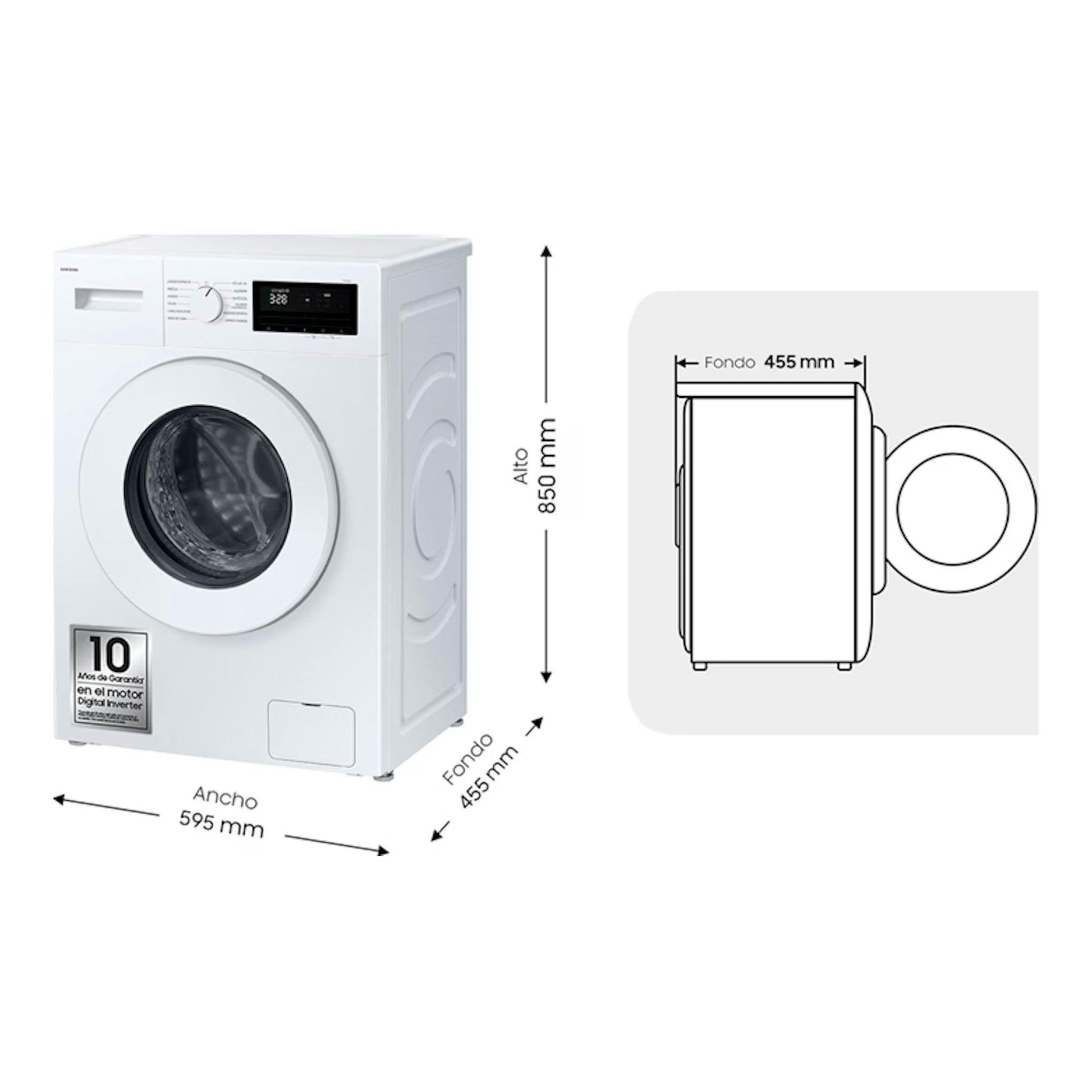 Lavadora Samsung WW70FG3M05TWEC blanca, vista frontal y lateral, con dimensiones 850 x 595 x 455 mm.