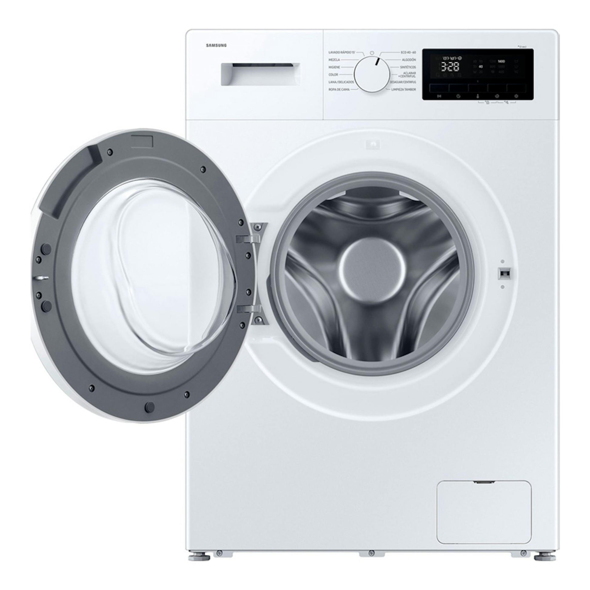 Lavadora frontal Samsung WW70FG3M05TWEC blanca, con puerta abierta y panel digital en la parte superior.