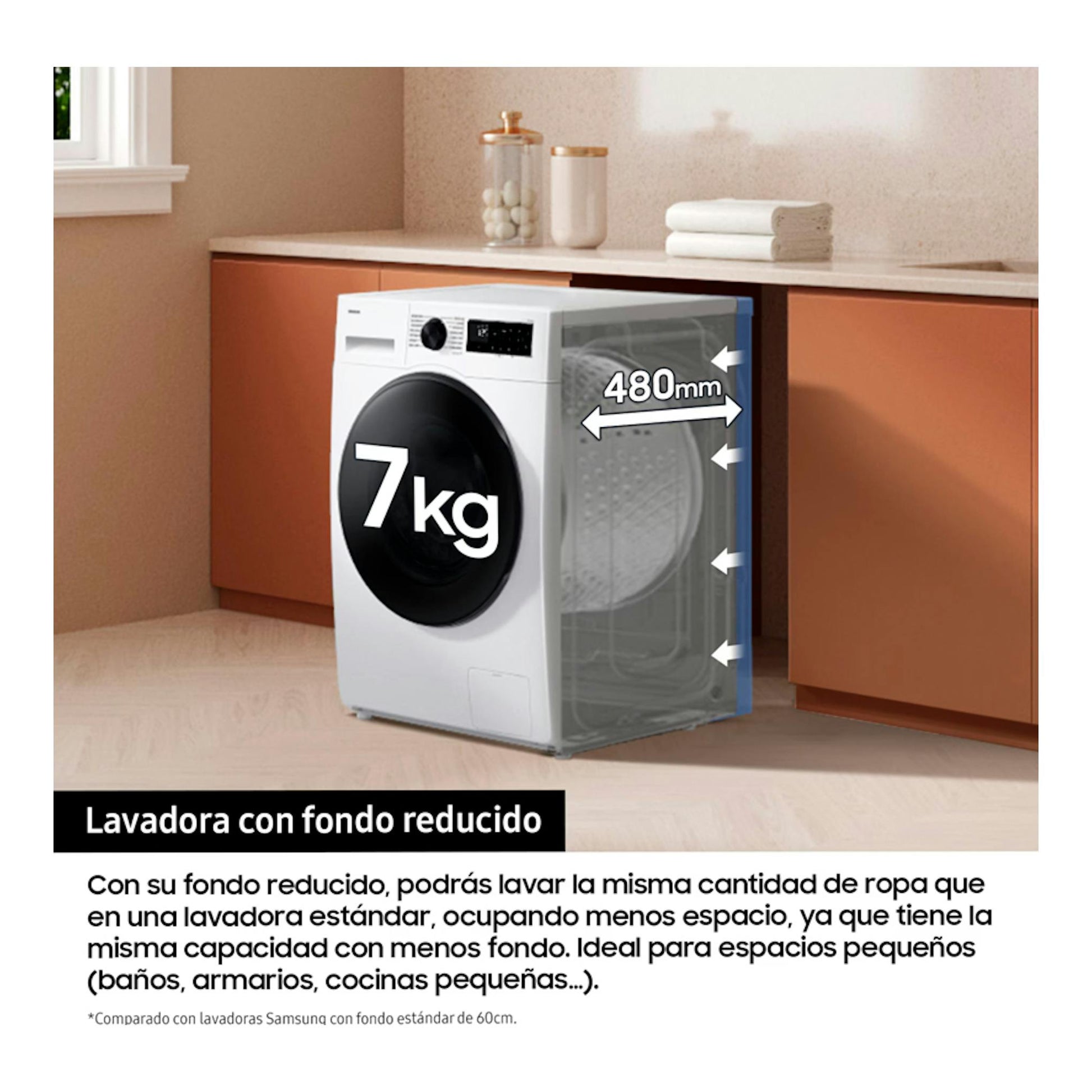 Lavadora Samsung WW70FG3M05TWEC blanca, carga frontal, 7 kg, vista frontal con fondo reducido.