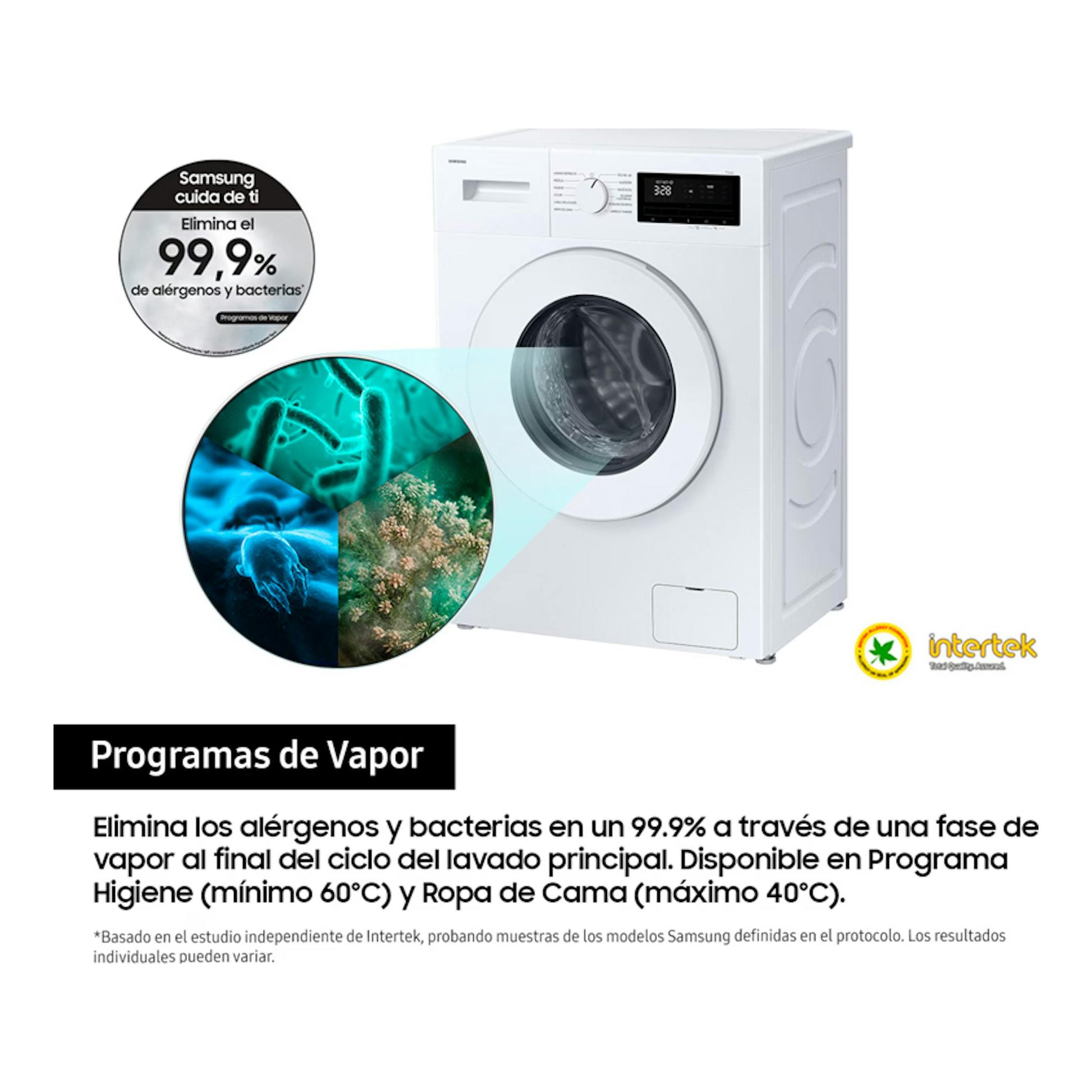 Samsung WW70FG3M05TWEC, lavadora blanca de carga frontal, vista 3/4, con puerta y panel digital.
