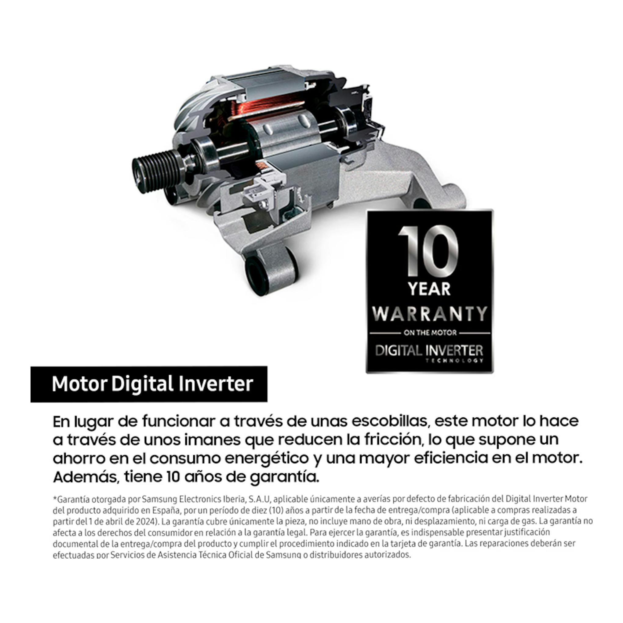 Motor Digital Inverter de Samsung en corte, con etiqueta de 10 años de garantía.