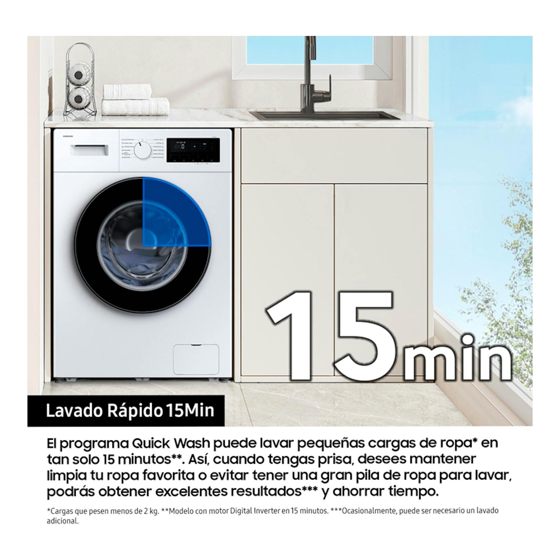 Lavadora Samsung WW70FG3M05TWEC blanca, vista frontal, junto a un fregadero, con texto “Lavado Rápido 15 Min”.