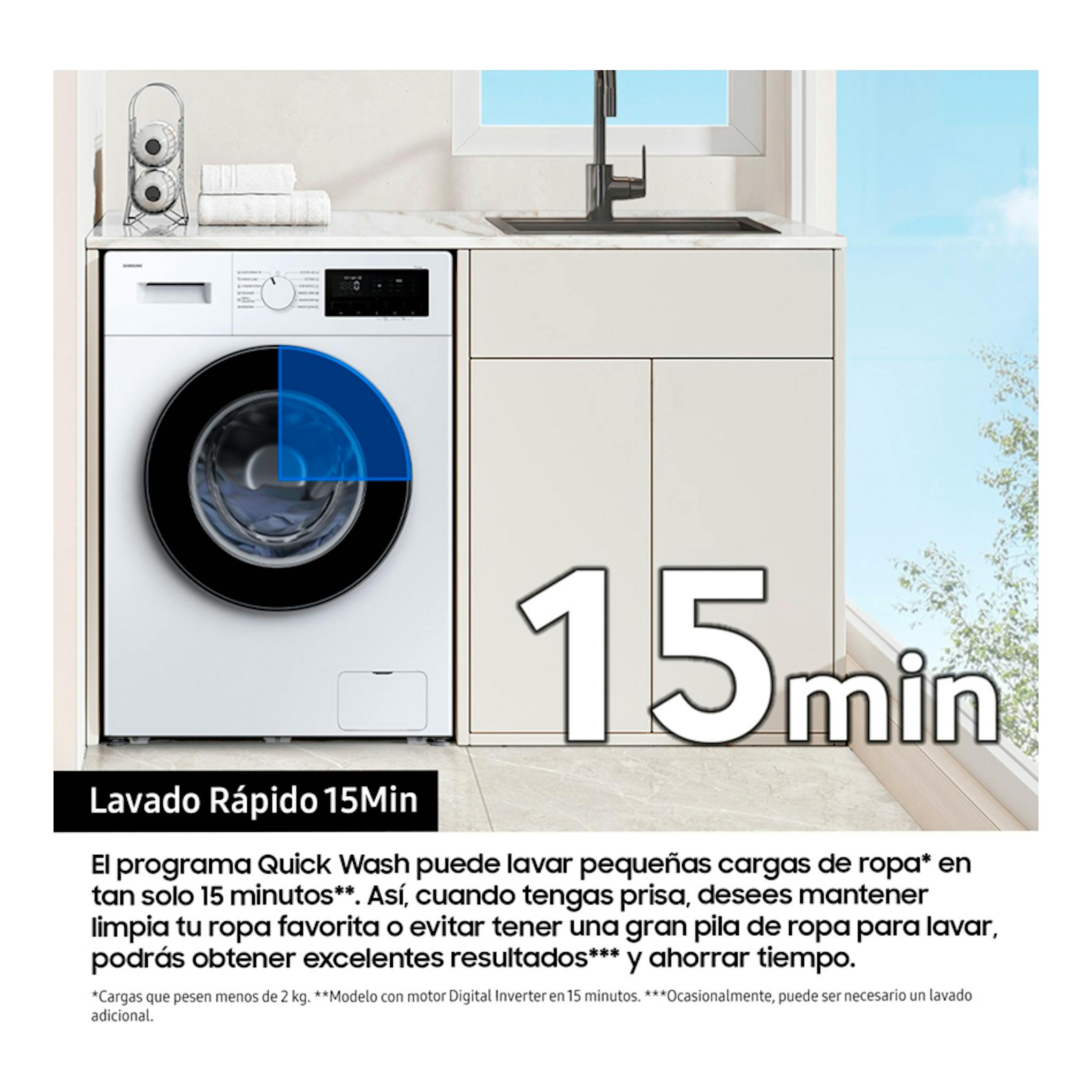 Lavadora Samsung WW70FG3M05TWEC blanca, vista frontal, junto a un fregadero, con texto “Lavado Rápido 15 Min”.
