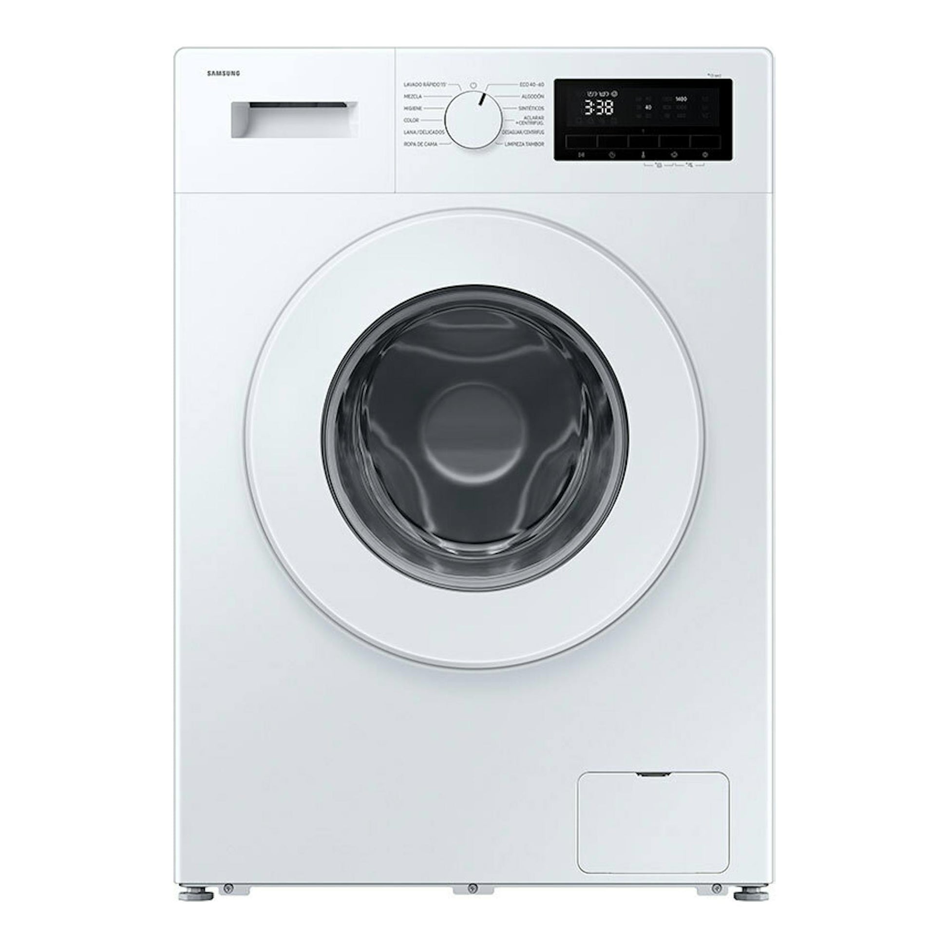 Lavadora frontal Samsung WW80FG3M05TWEC blanca, vista frontal, con puerta circular y panel digital.