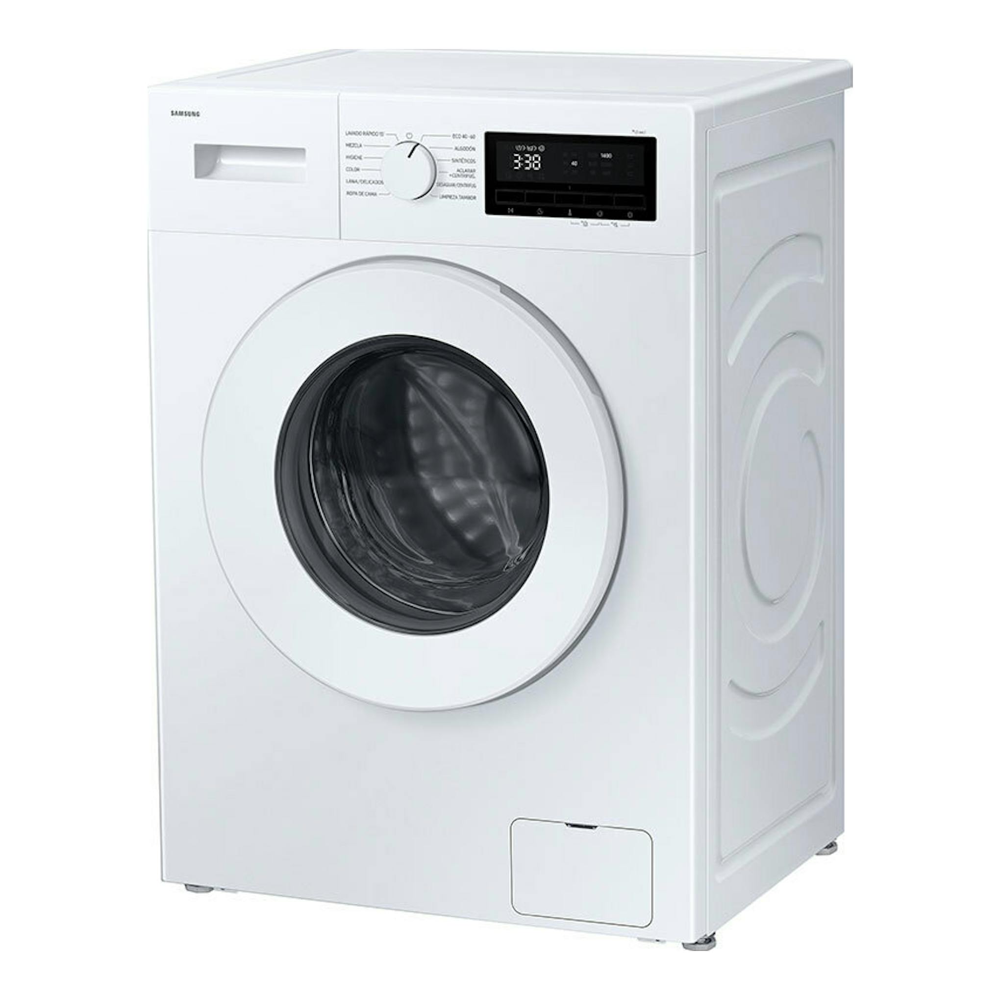 Lavadora frontal Samsung WW80FG3M05TWEC blanca, vista frontal, con puerta negra y panel digital.