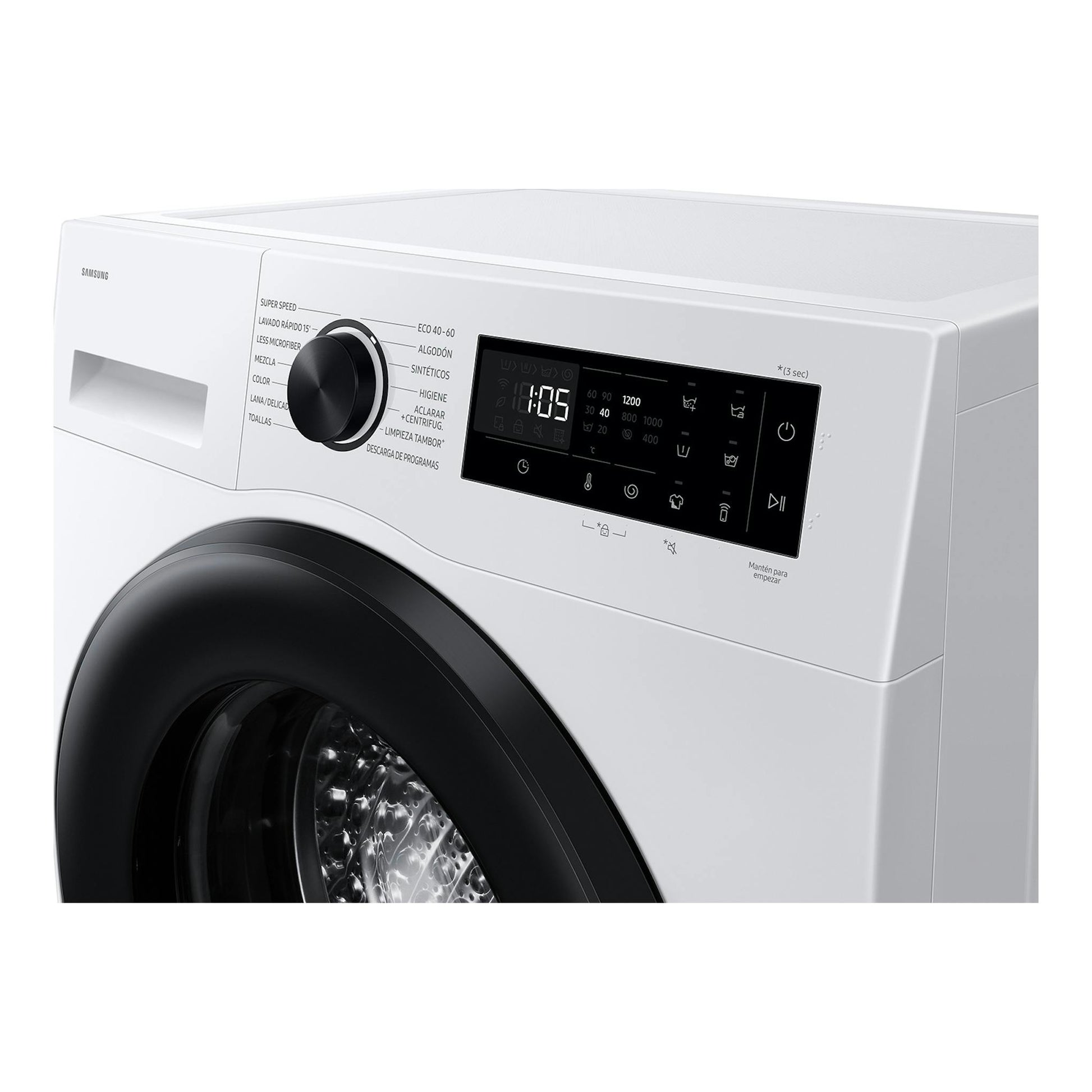Lavadora Samsung WW80FG5L32AEEC blanca de carga frontal, con panel digital y selector de programas.