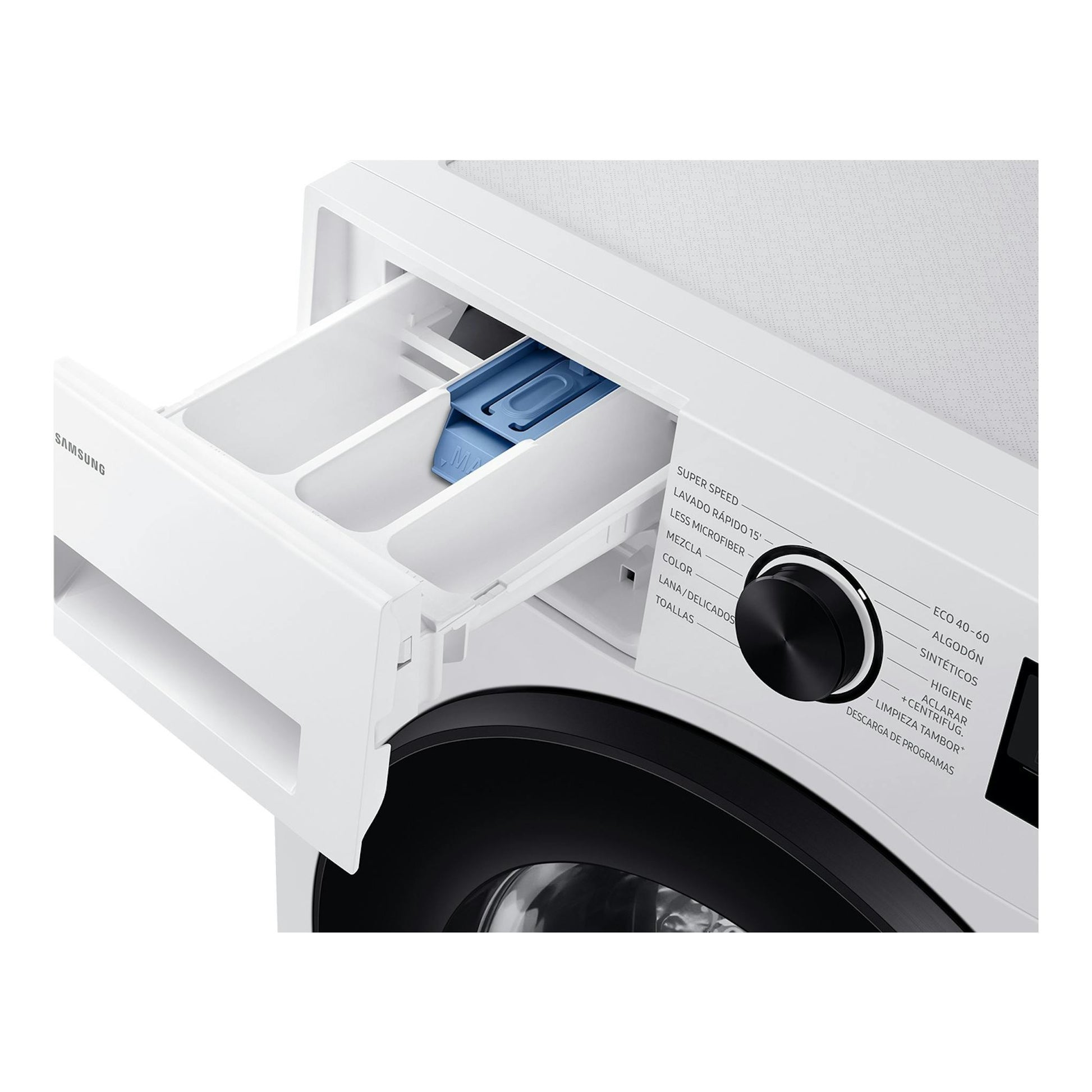 Lavadora Samsung WW80FG5L32AEEC blanca, vista parcial en ángulo, con cajón de detergente y selector negro.