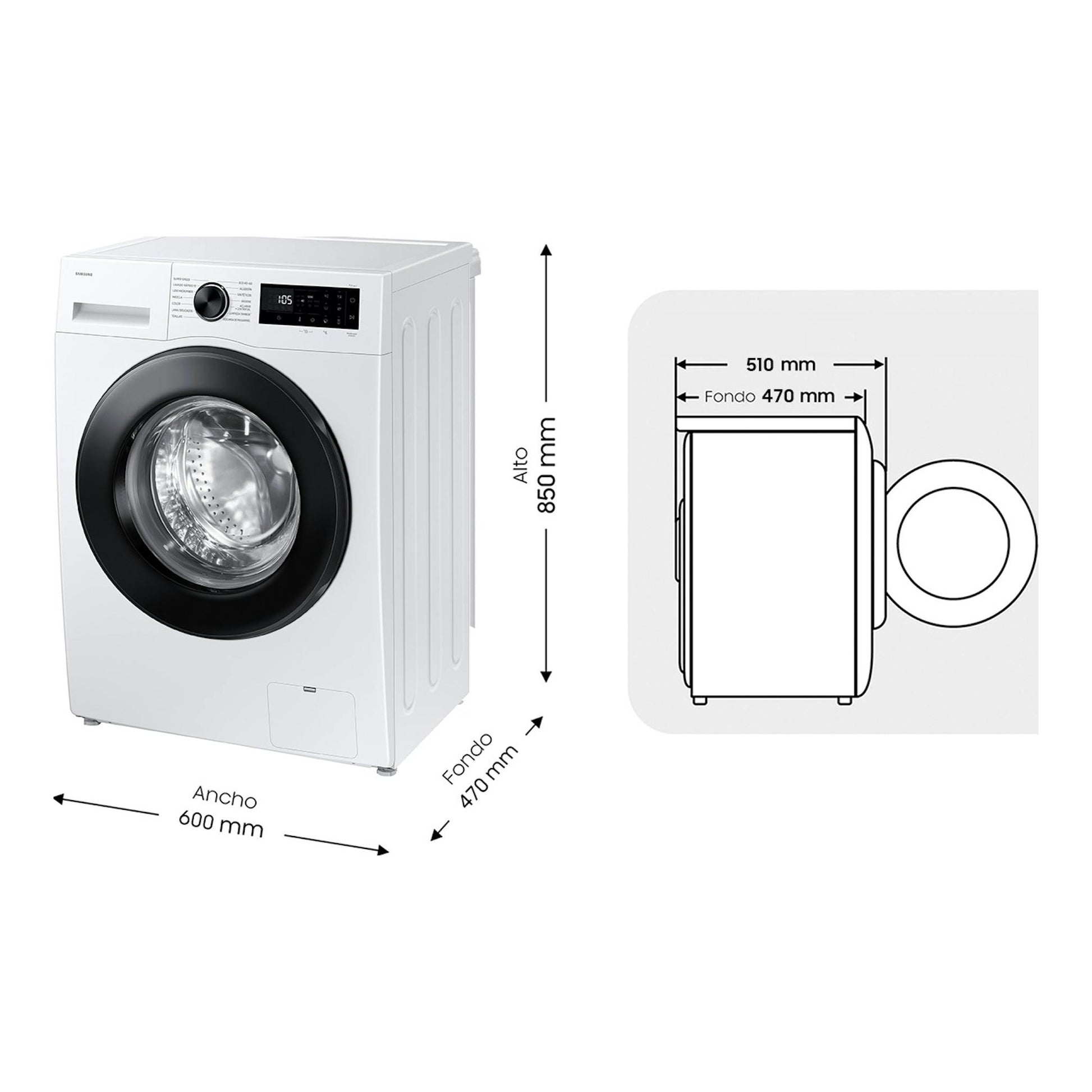 Lavadora Samsung WW80FG5L32AEEC blanca, vista frontal, con esquema de medidas y carga frontal.
