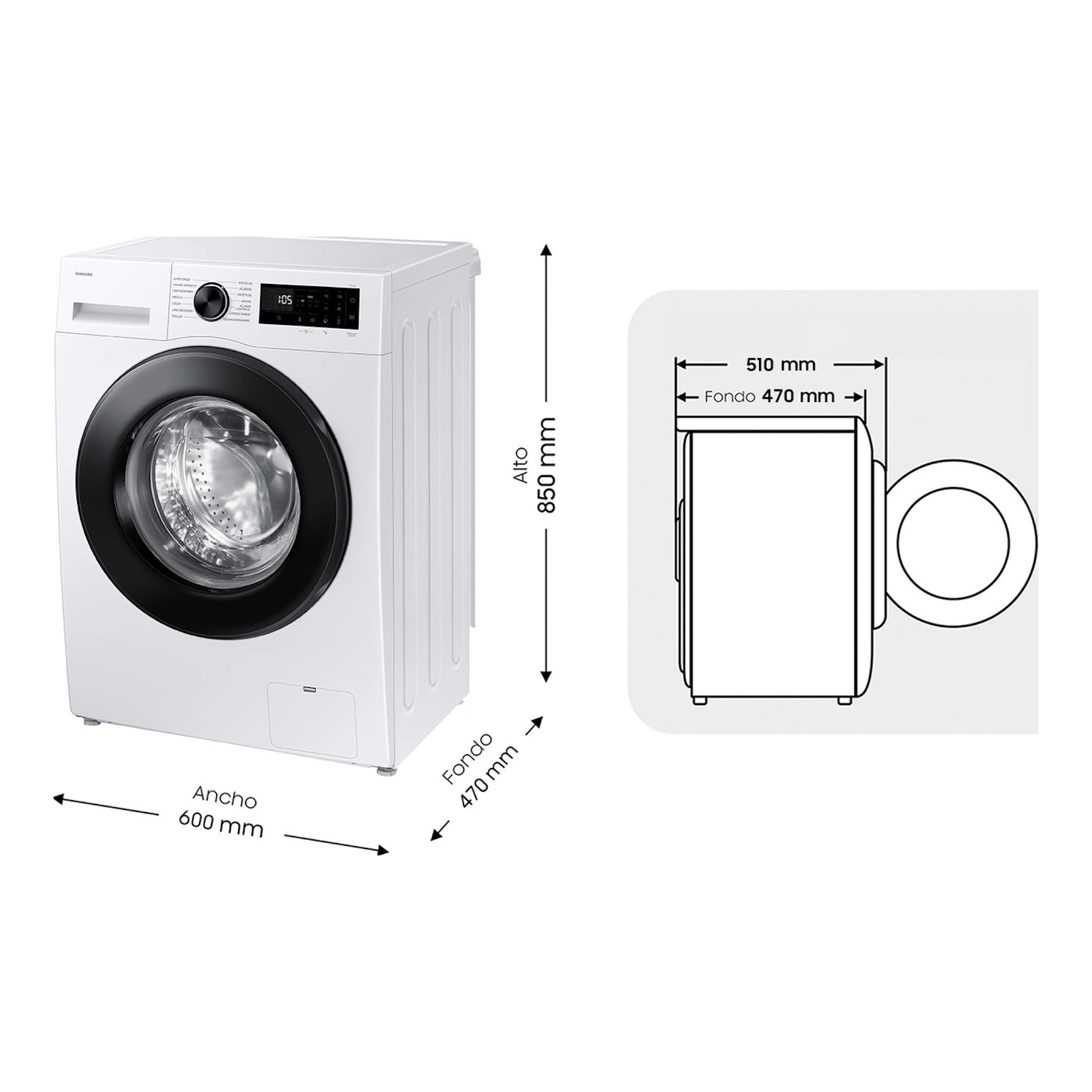 Lavadora Samsung WW80FG5L32AEEC blanca, vista frontal, con esquema de medidas y carga frontal.