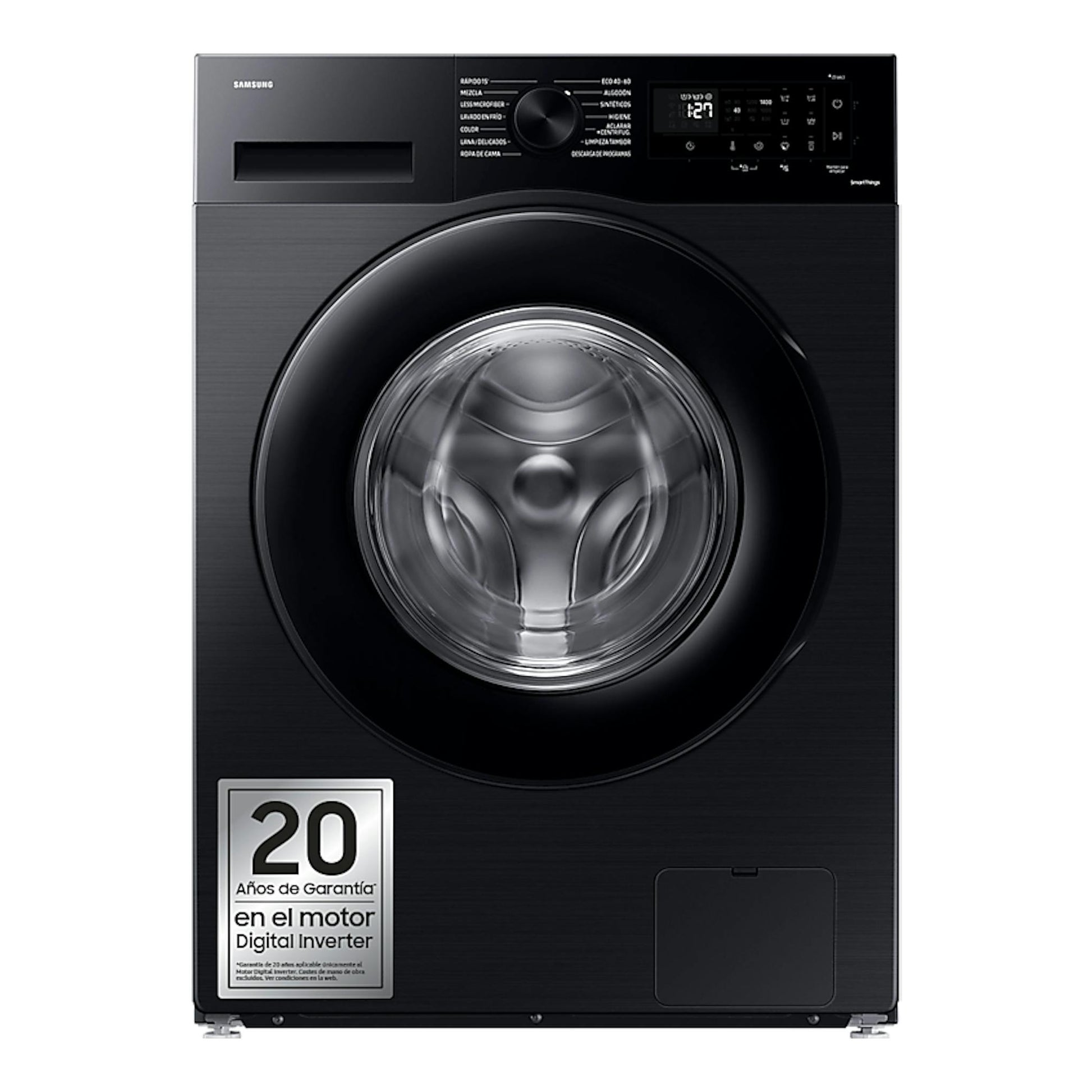 Lavadora Samsung WW90CGC04DABEC negra, vista frontal, con puerta circular y panel de control superior.