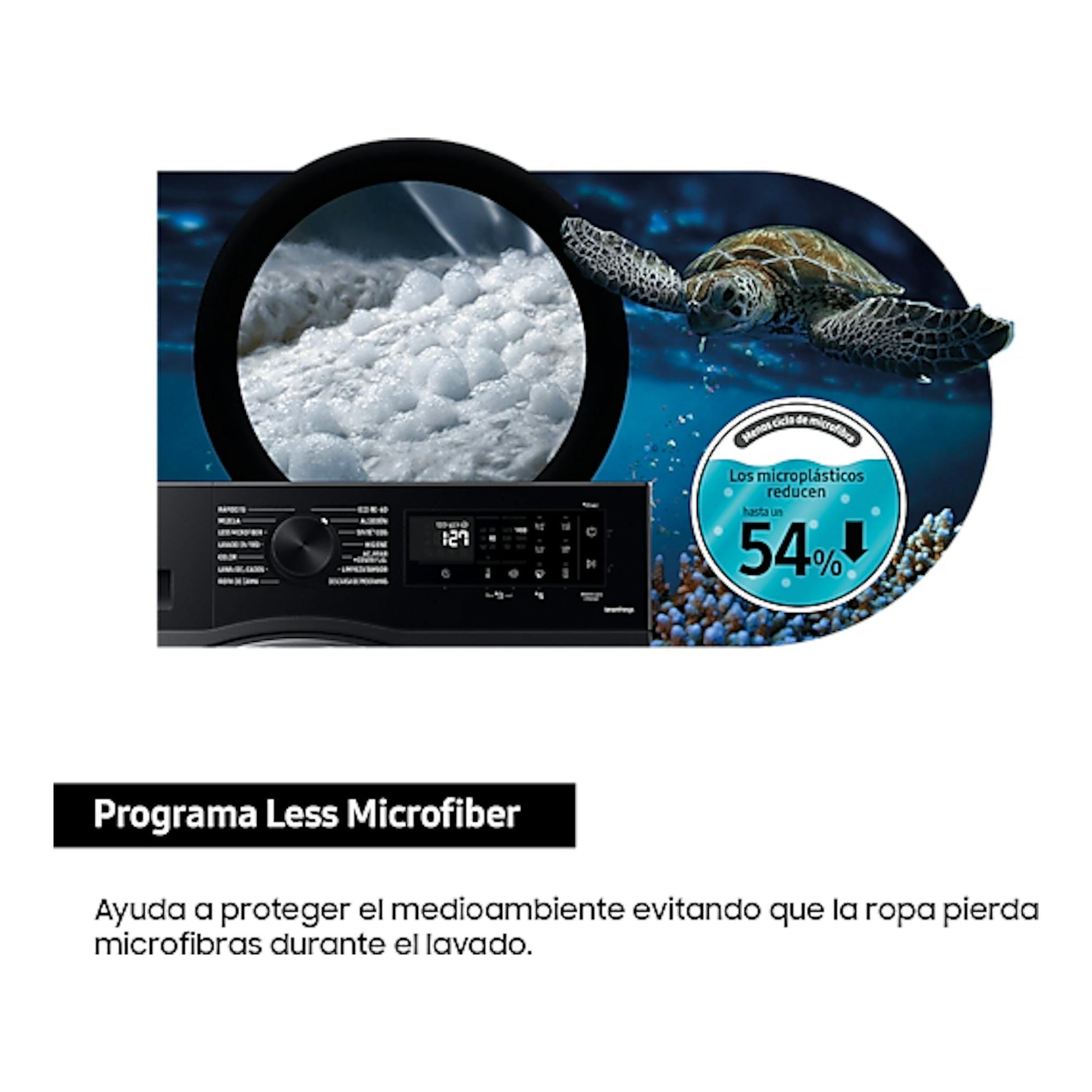 Gráfico promocional de lavadora Samsung con programa Less Microfiber y reducción de microplásticos.