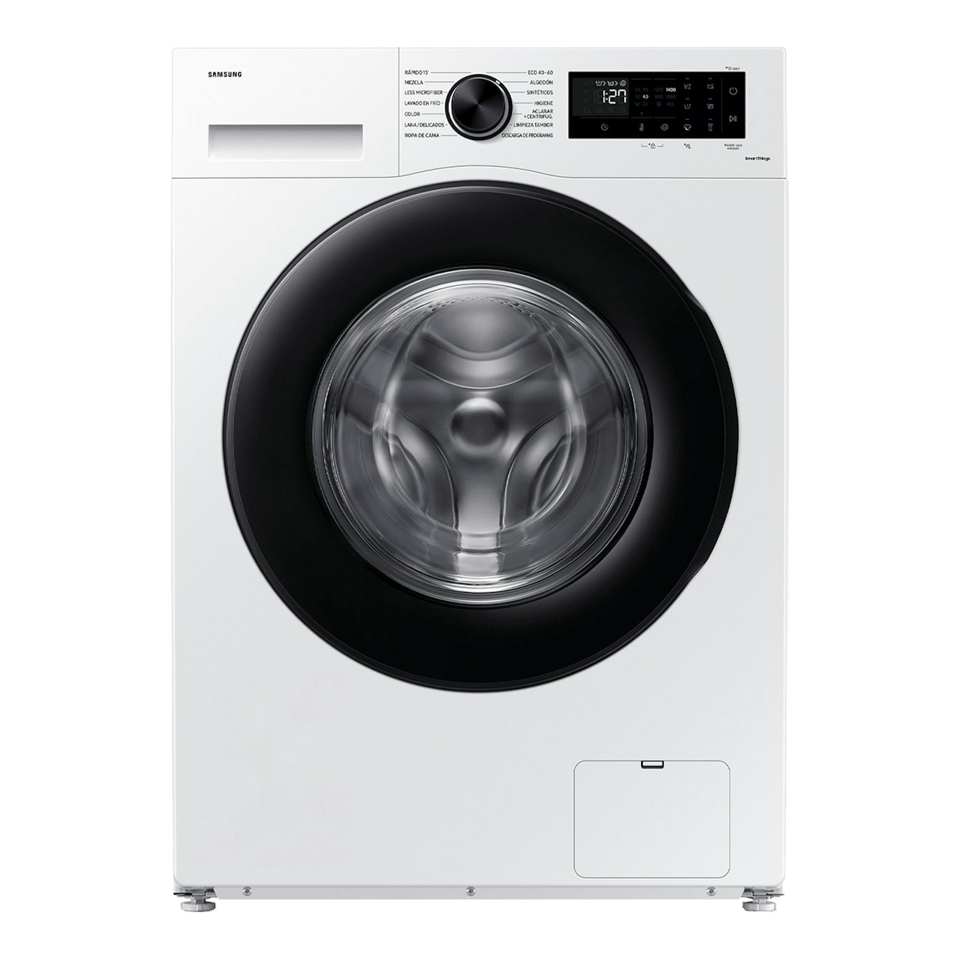 Lavadora Samsung WW90CGC04DAEEC blanca, vista frontal, con puerta negra circular y panel digital superior.