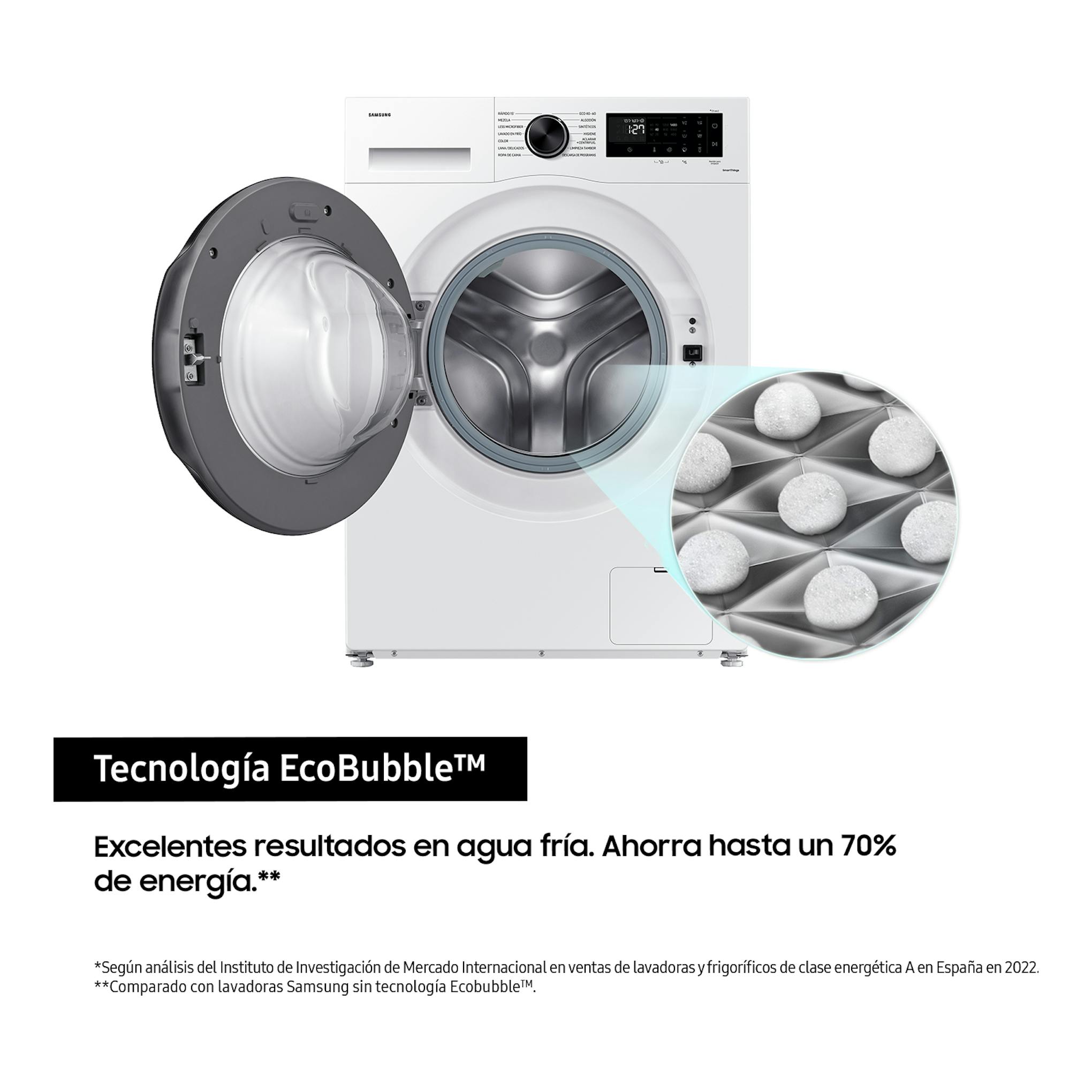 Lavadora Samsung WW90CGC04DAEEC blanca, vista frontal con puerta abierta y detalle de tambor EcoBubble.