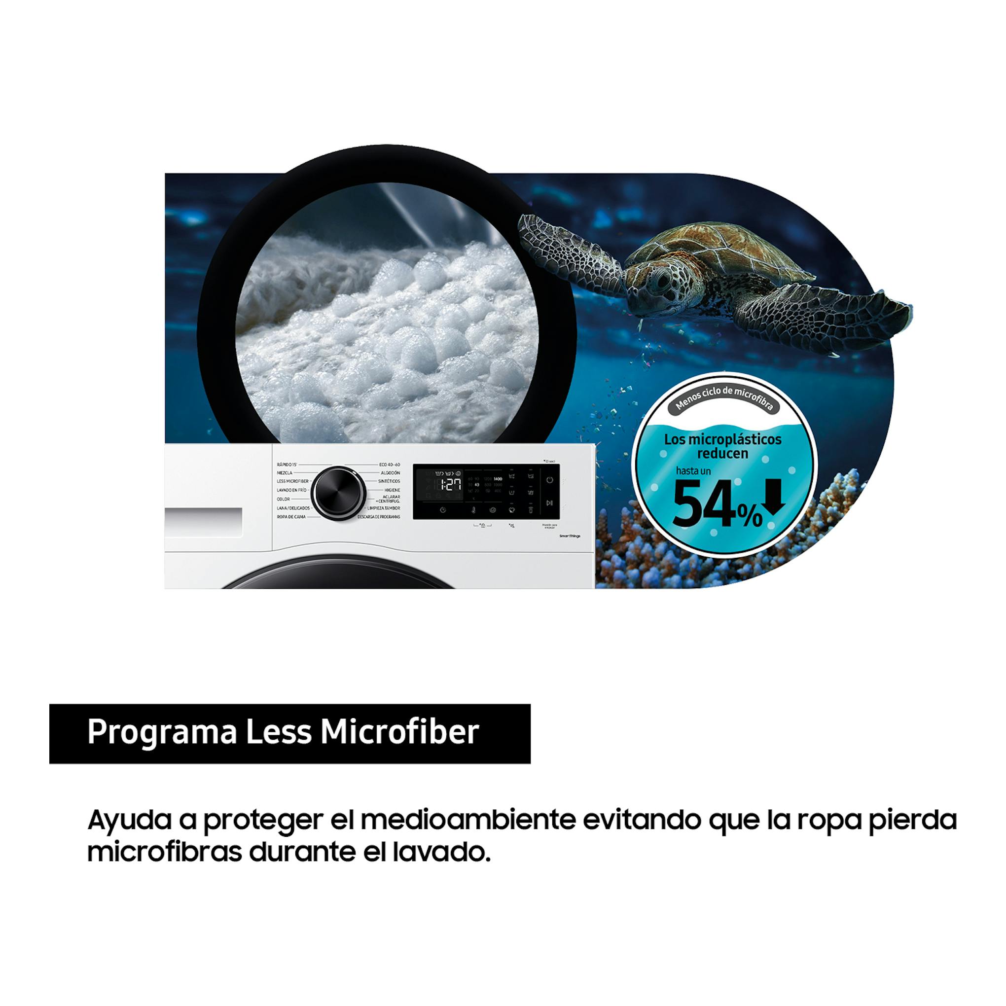 Samsung WW90CGC04DAEEC, lavadora frontal blanca con panel digital y gráfico de programa Less Microfiber.