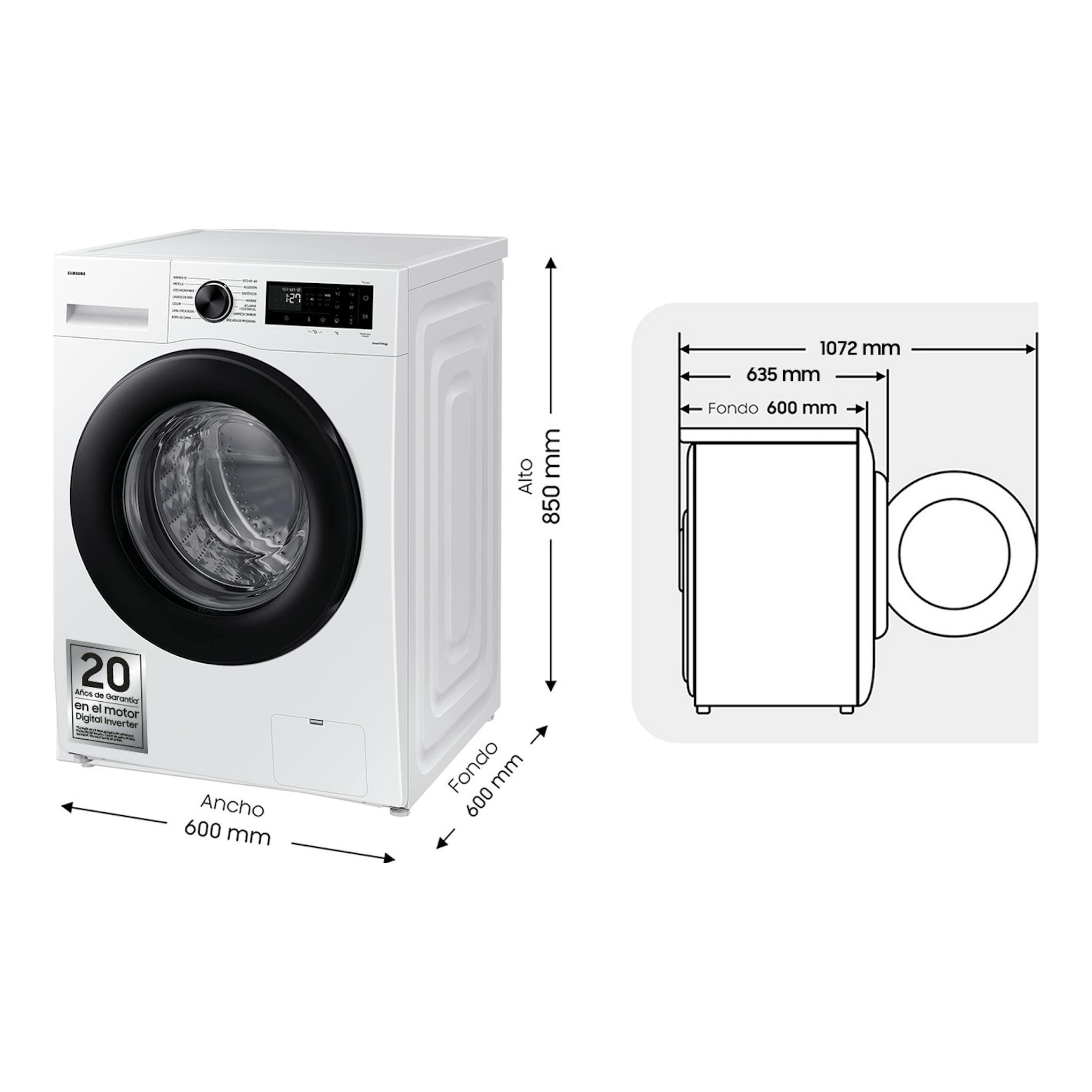 Lavadora Samsung WW90CGC04DAEEC blanca, vista frontal en ángulo, con puerta negra y esquema de medidas.