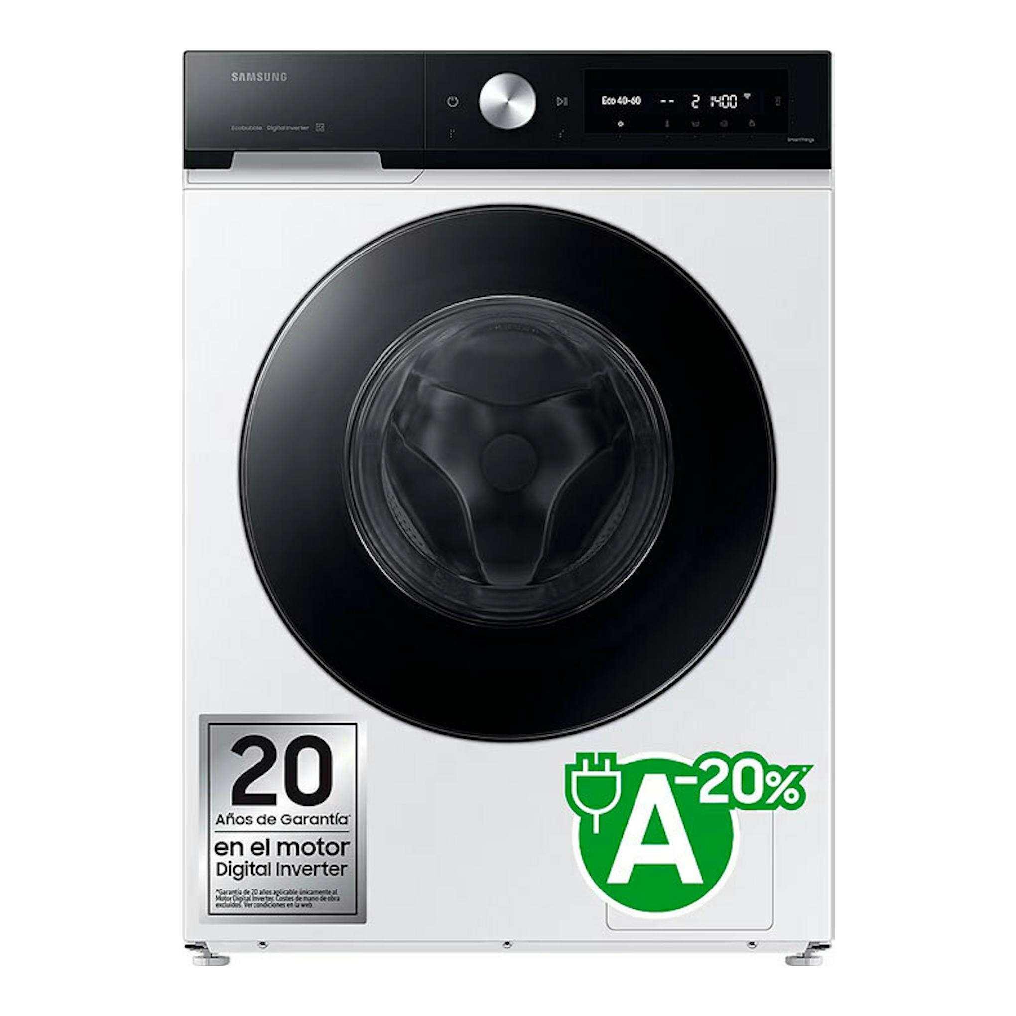 Lavadora Samsung WW90DB7U94GEU3, vista frontal, blanca y negra, con puerta circular negra y panel digital superior.