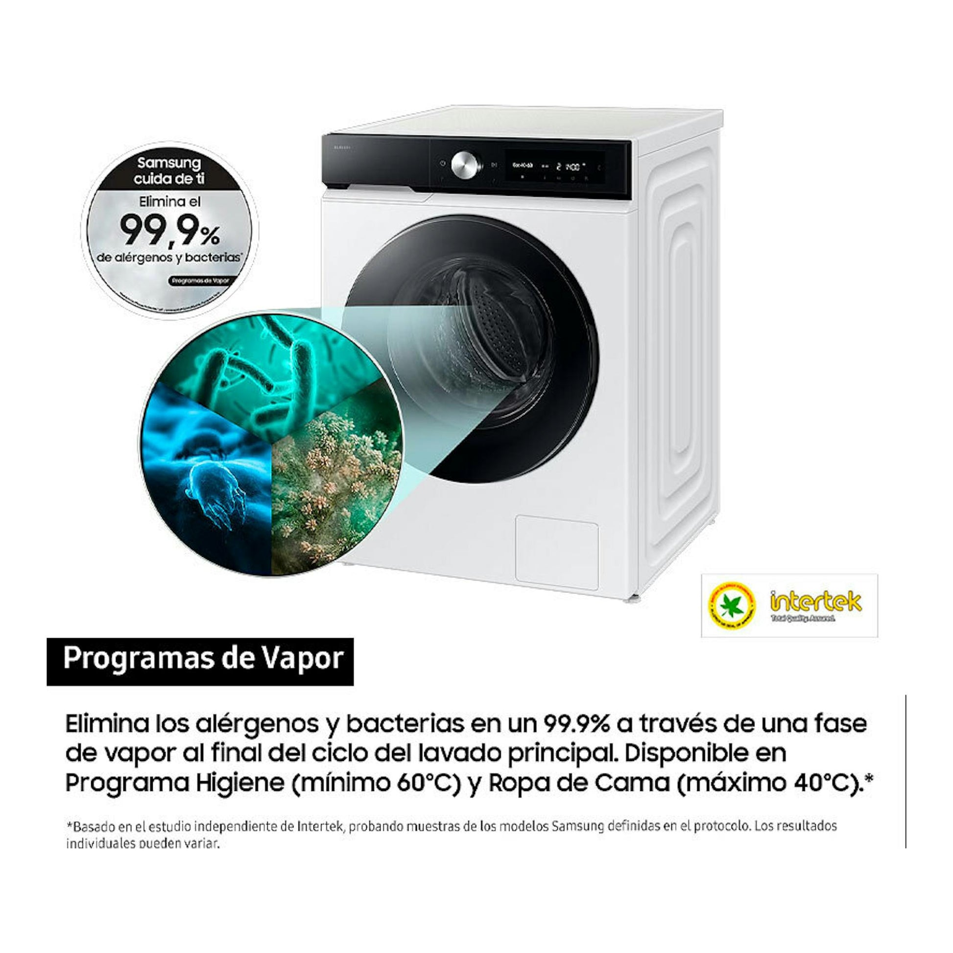 Lavadora Samsung WW90DB7U94GEU3 blanca, vista frontal, con puerta negra y panel superior negro.