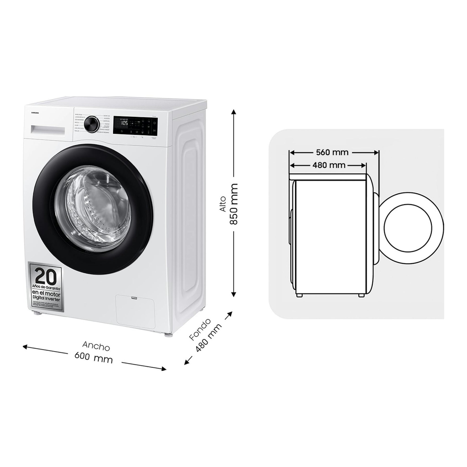 Lavadora Samsung WW90DG5G34AEEC blanca, vista frontal en ángulo, con puerta negra y medidas 600 x 850 x 480 mm.