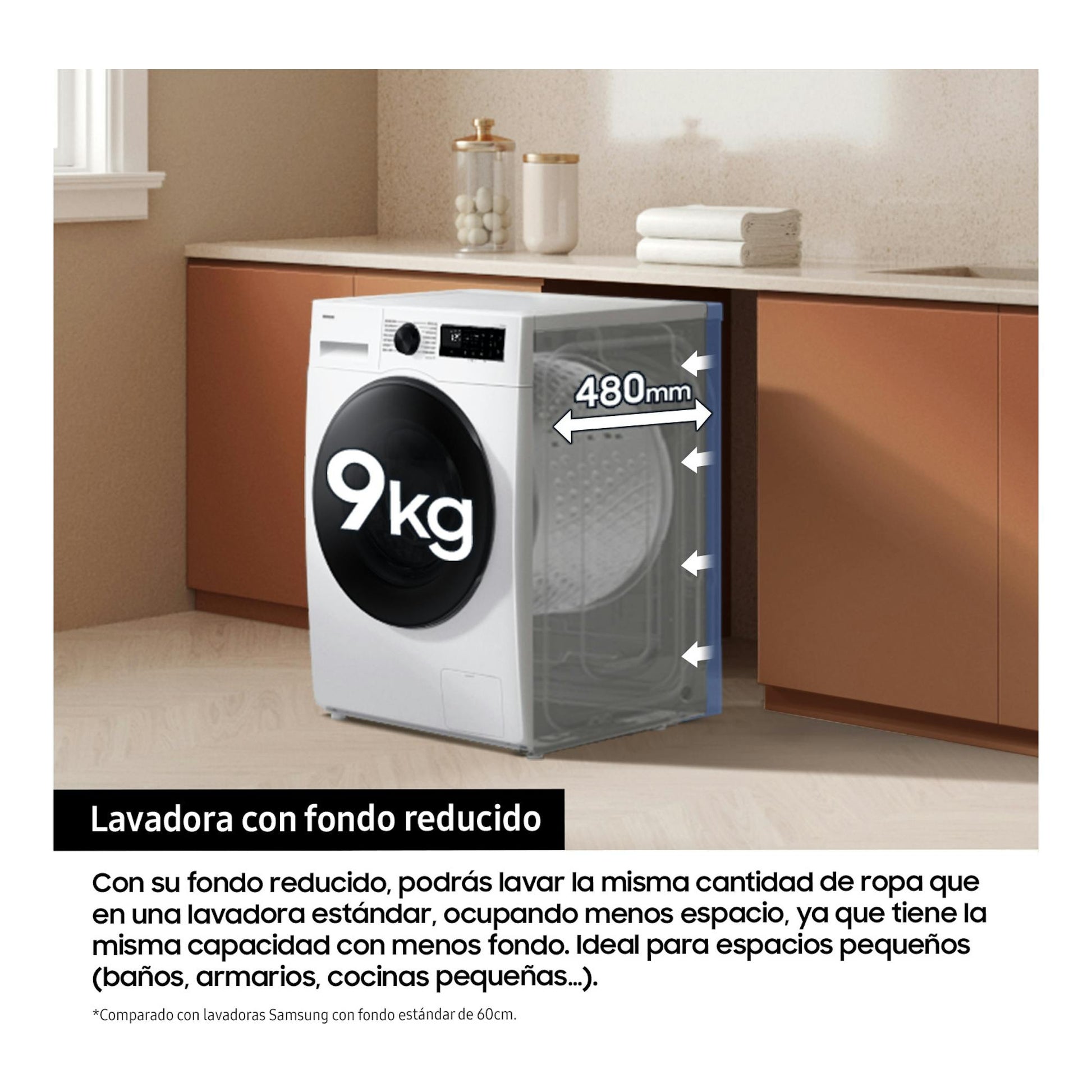 Lavadora Samsung WW90DG5G34AEEC blanca de carga frontal, 9 kg, fondo reducido de 480 mm.