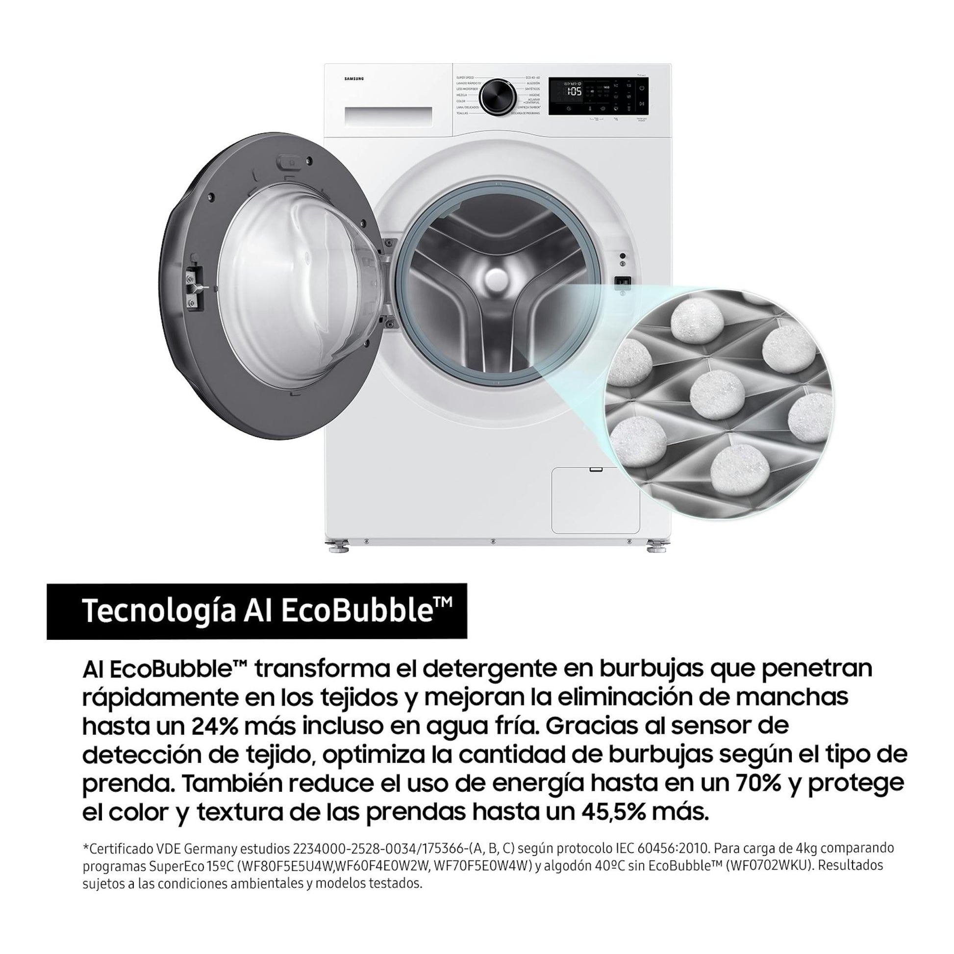 Lavadora frontal Samsung WW90DG5G34AEEC blanca, vista frontal, con puerta abierta e interior visible.