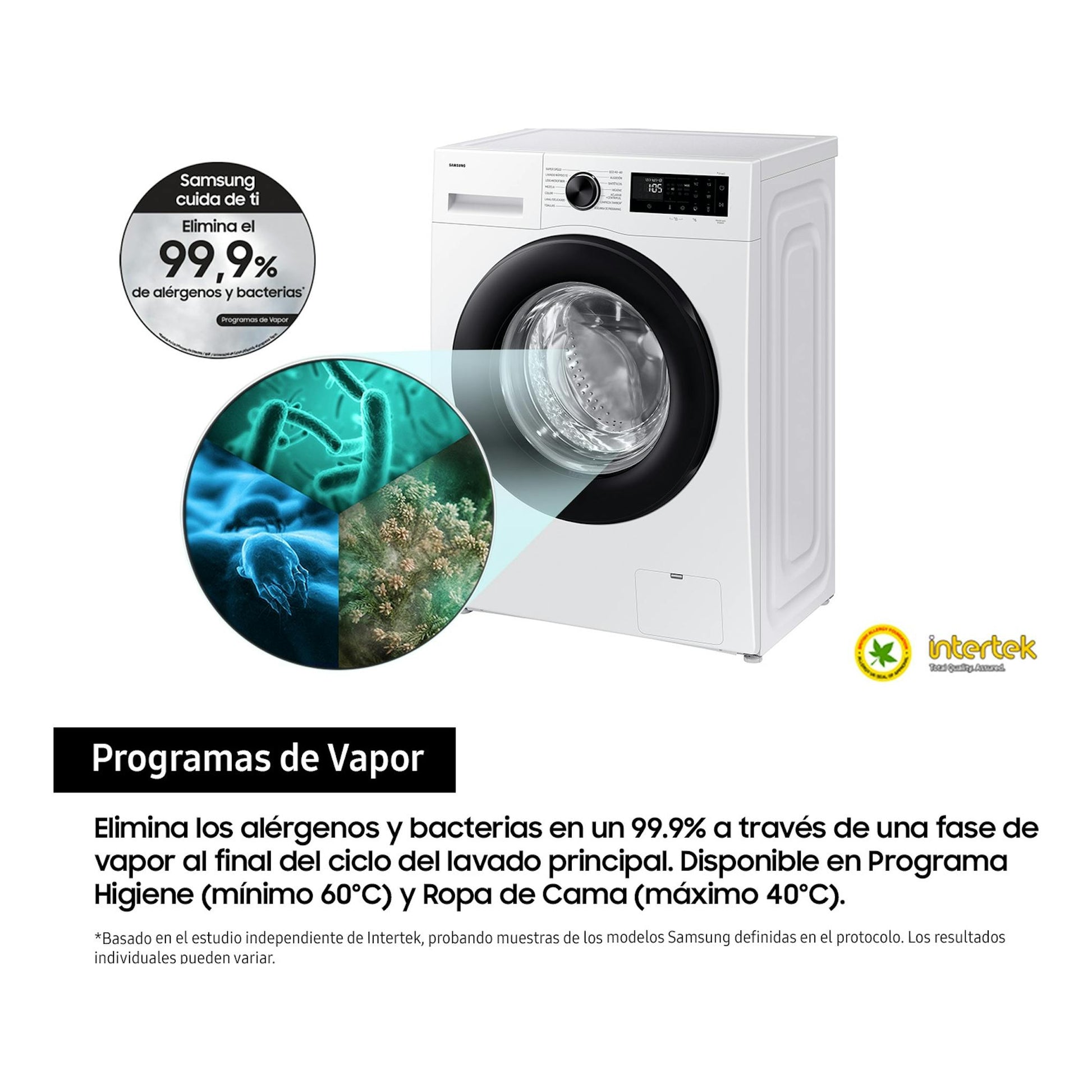 Lavadora Samsung WW90DG5G34AEEC blanca, frontal, con puerta negra y panel digital, vista en 3/4.