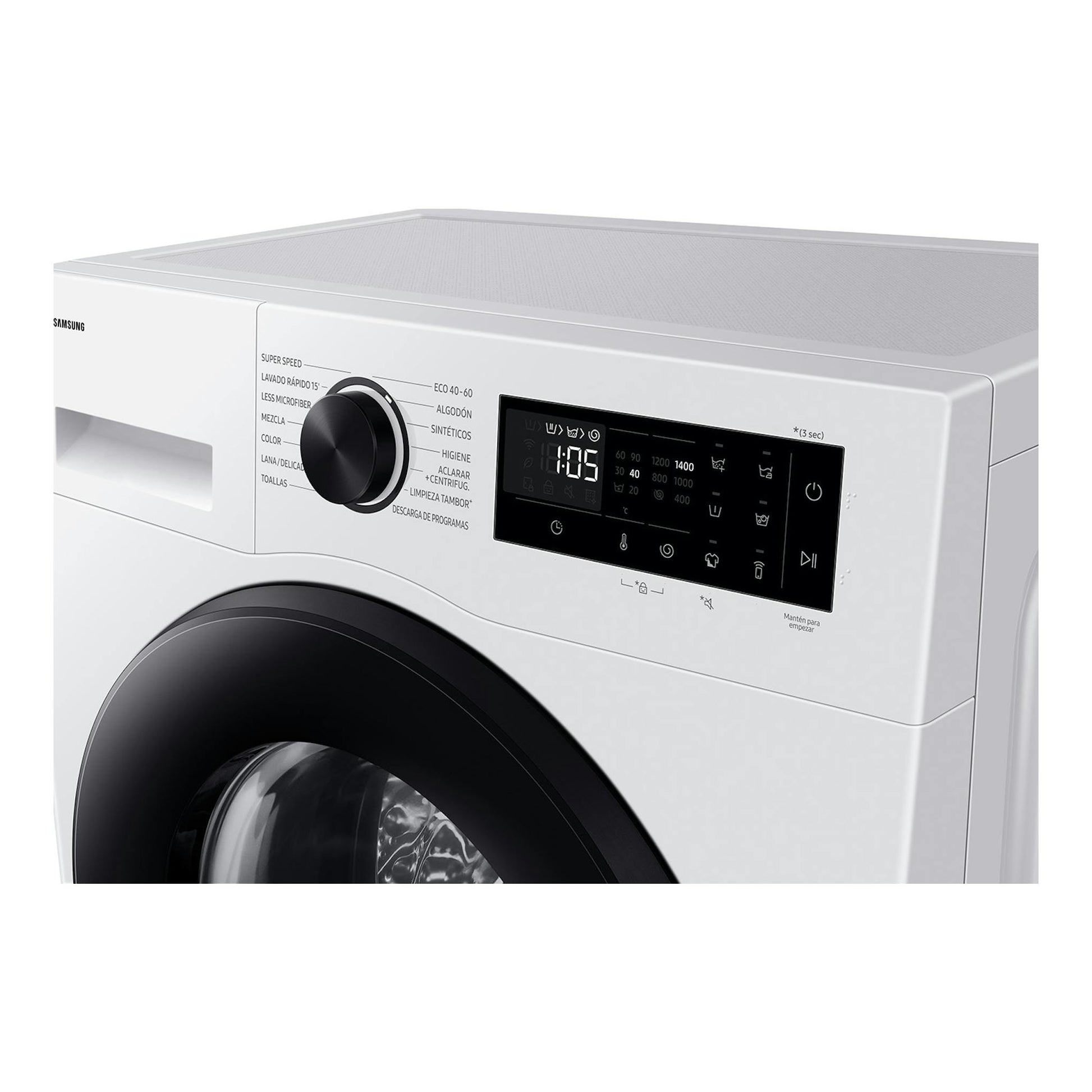 Lavadora Samsung WW90DG5G34AEEC blanca, vista frontal parcial, con puerta negra y panel digital.