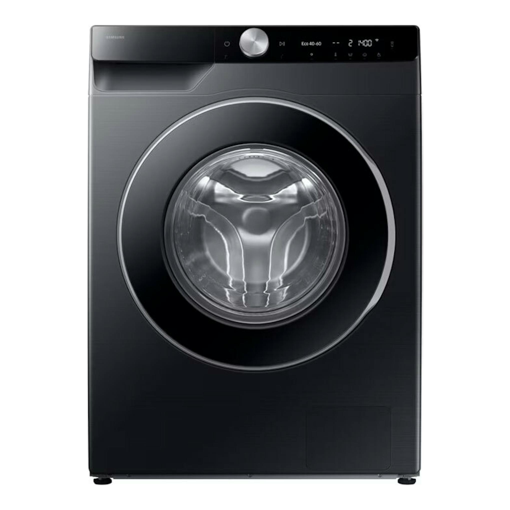 Lavadora Samsung WW90DG6U85LBU3 negra, vista frontal, con puerta circular y panel superior digital.