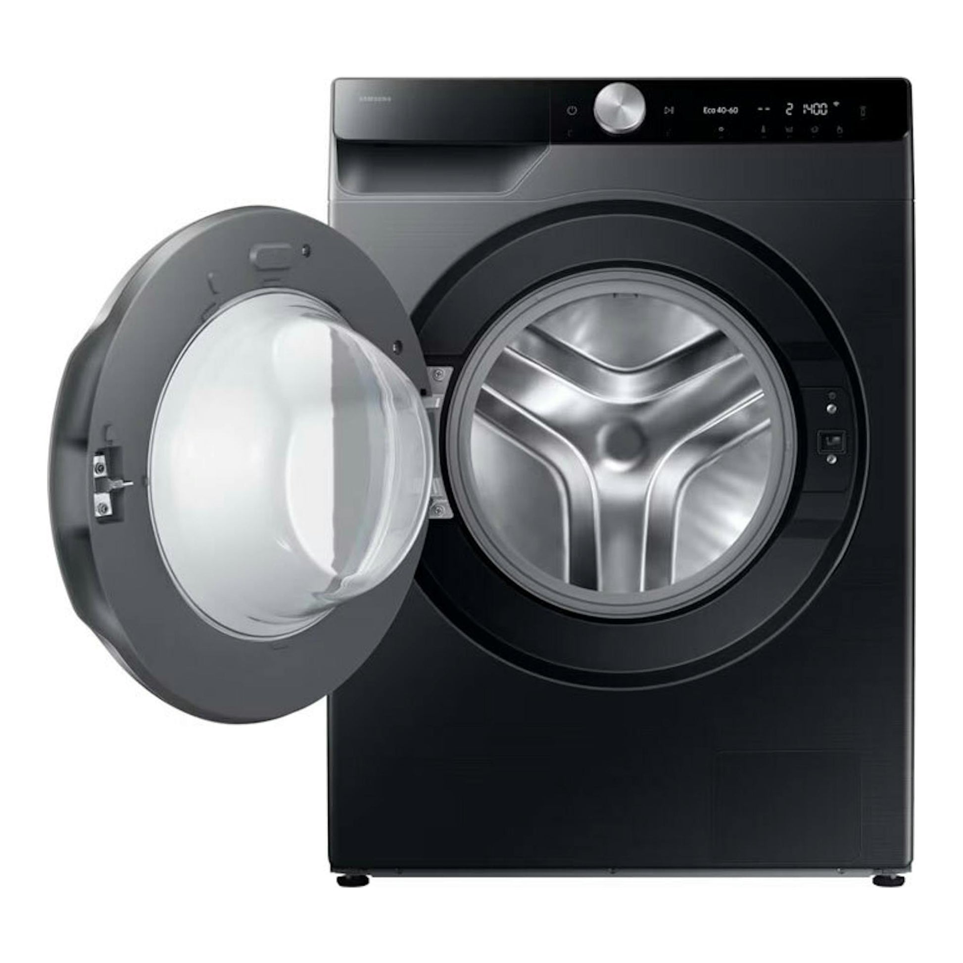 Lavadora Samsung WW90DG6U85LBU3 negra, vista frontal, con la puerta abierta.