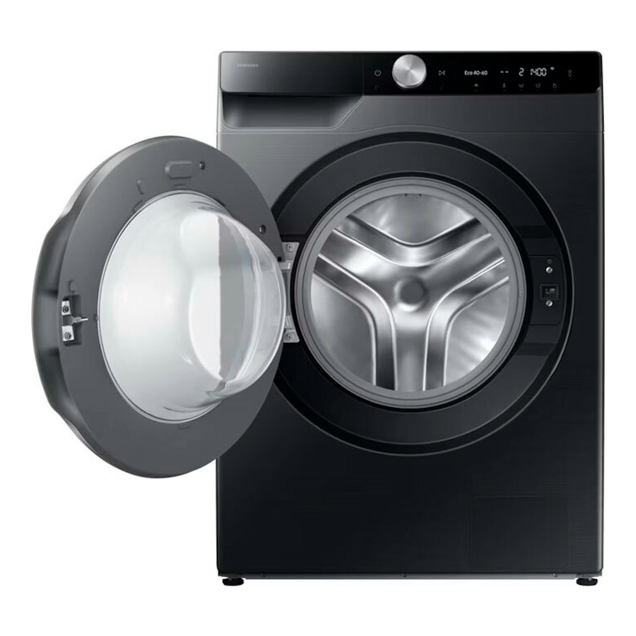 Lavadora Samsung WW90DG6U85LBU3 negra, vista frontal, con la puerta abierta.