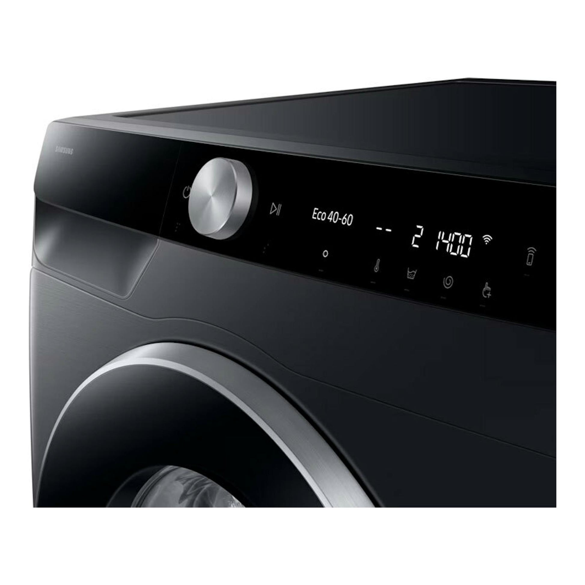 Lavadora Samsung WW90DG6U85LBU3 negra y gris, vista frontal en ángulo, con panel digital superior.