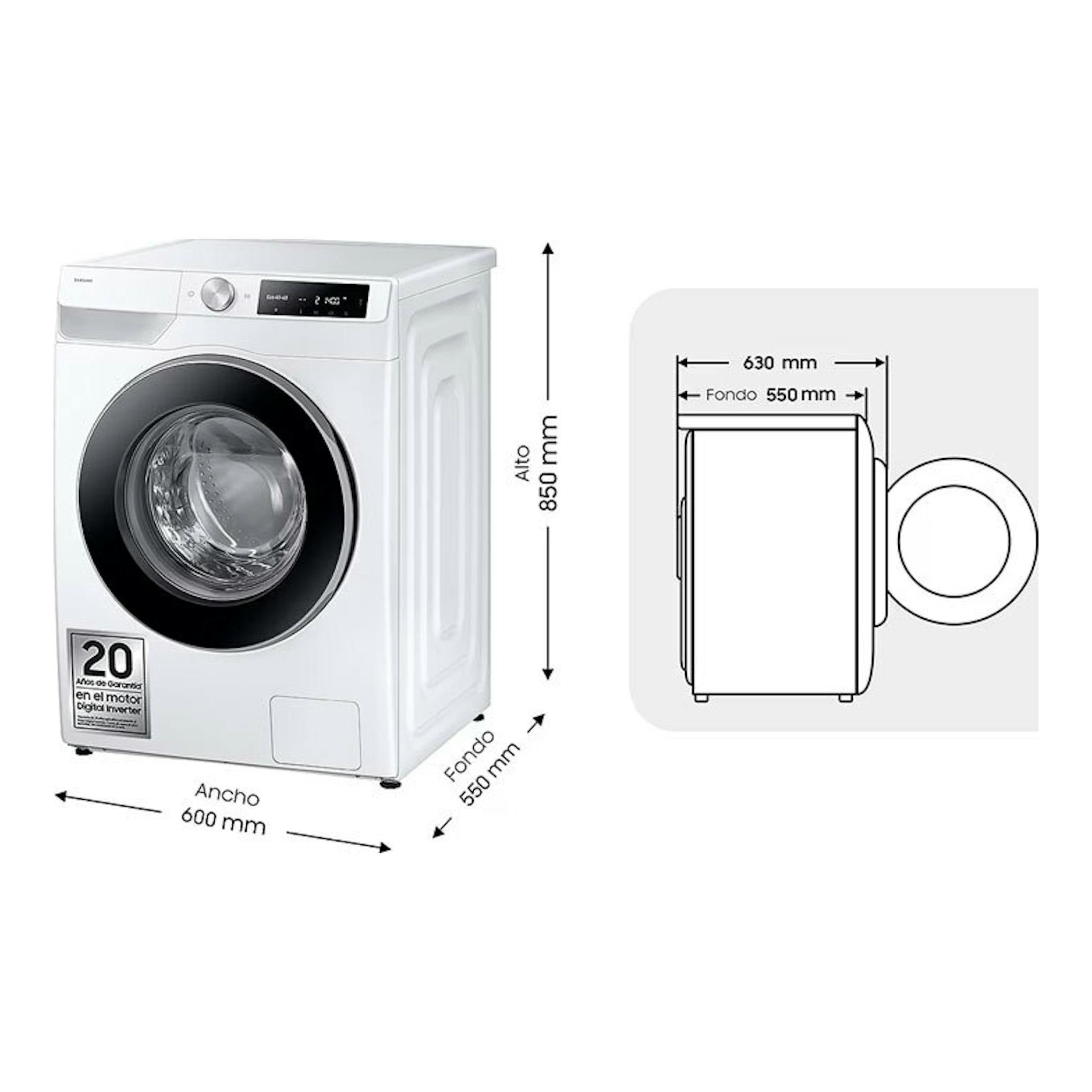 Lavadora frontal Samsung WW90DG6U85LEU3 blanca, vista frontal y lateral, con dimensiones 600 x 850 x 550 mm.