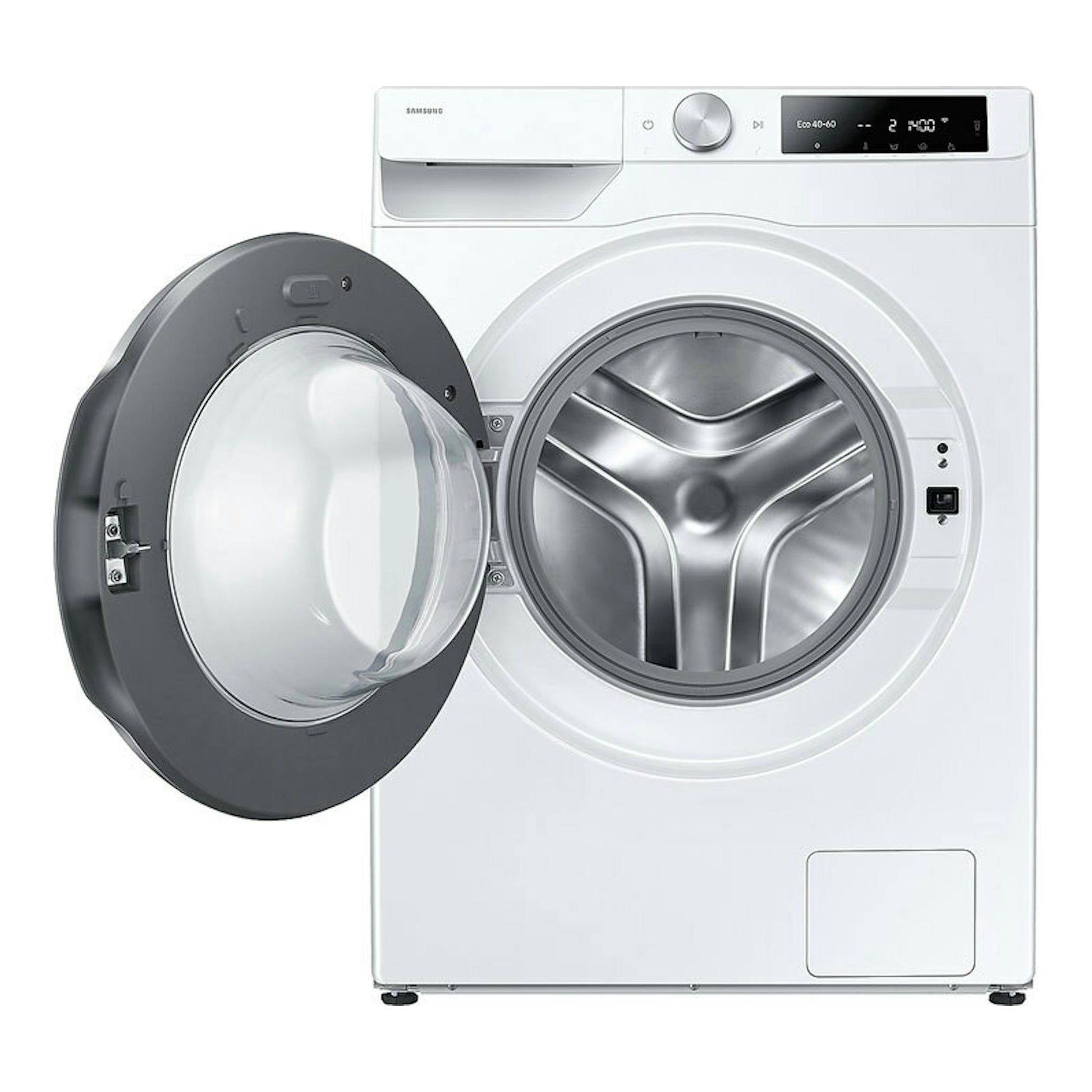 Lavadora Samsung WW90DG6U85LEU3 blanca, vista frontal, con puerta abierta y tambor visible.
