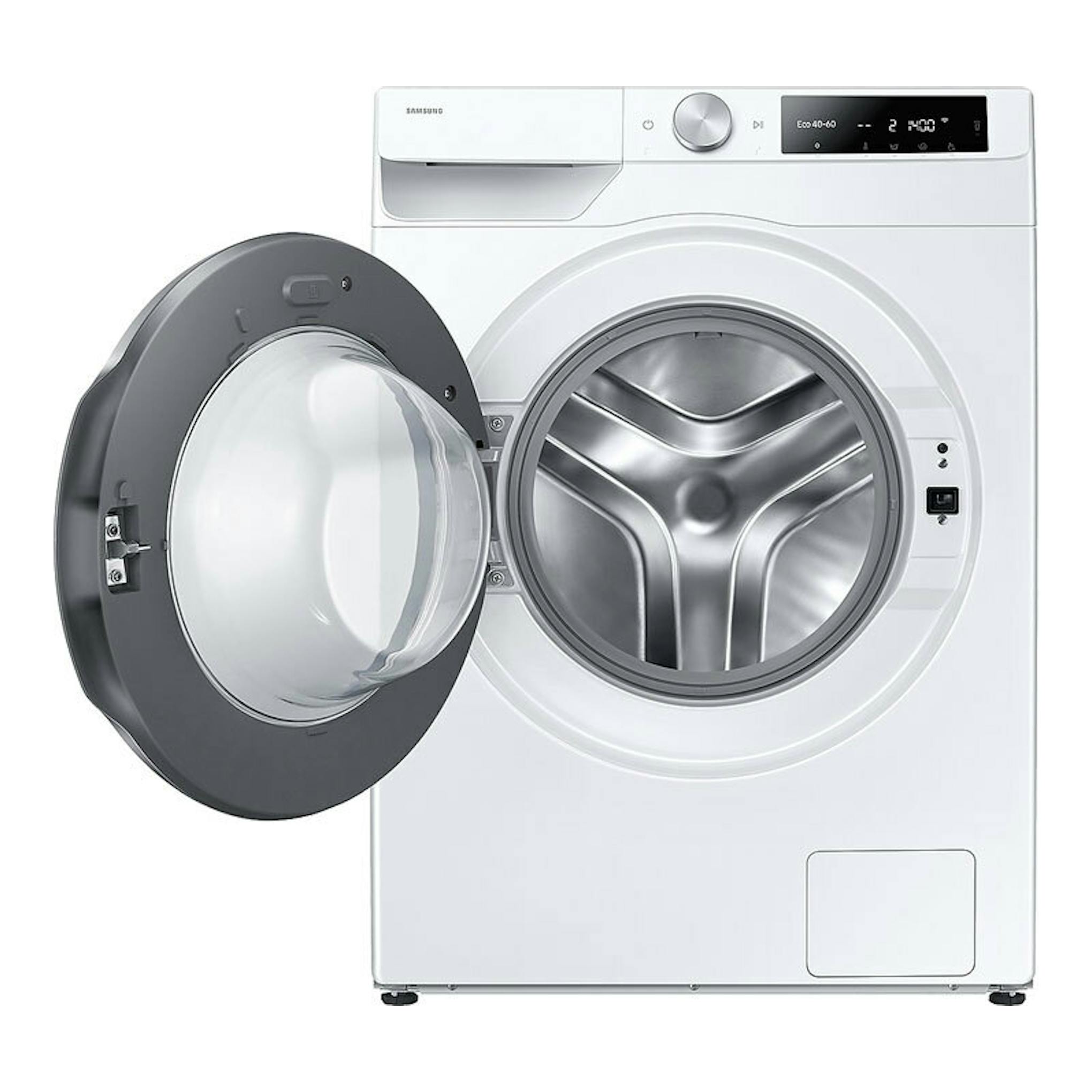 Lavadora Samsung WW90DG6U85LEU3 blanca, vista frontal, con puerta abierta y tambor visible.