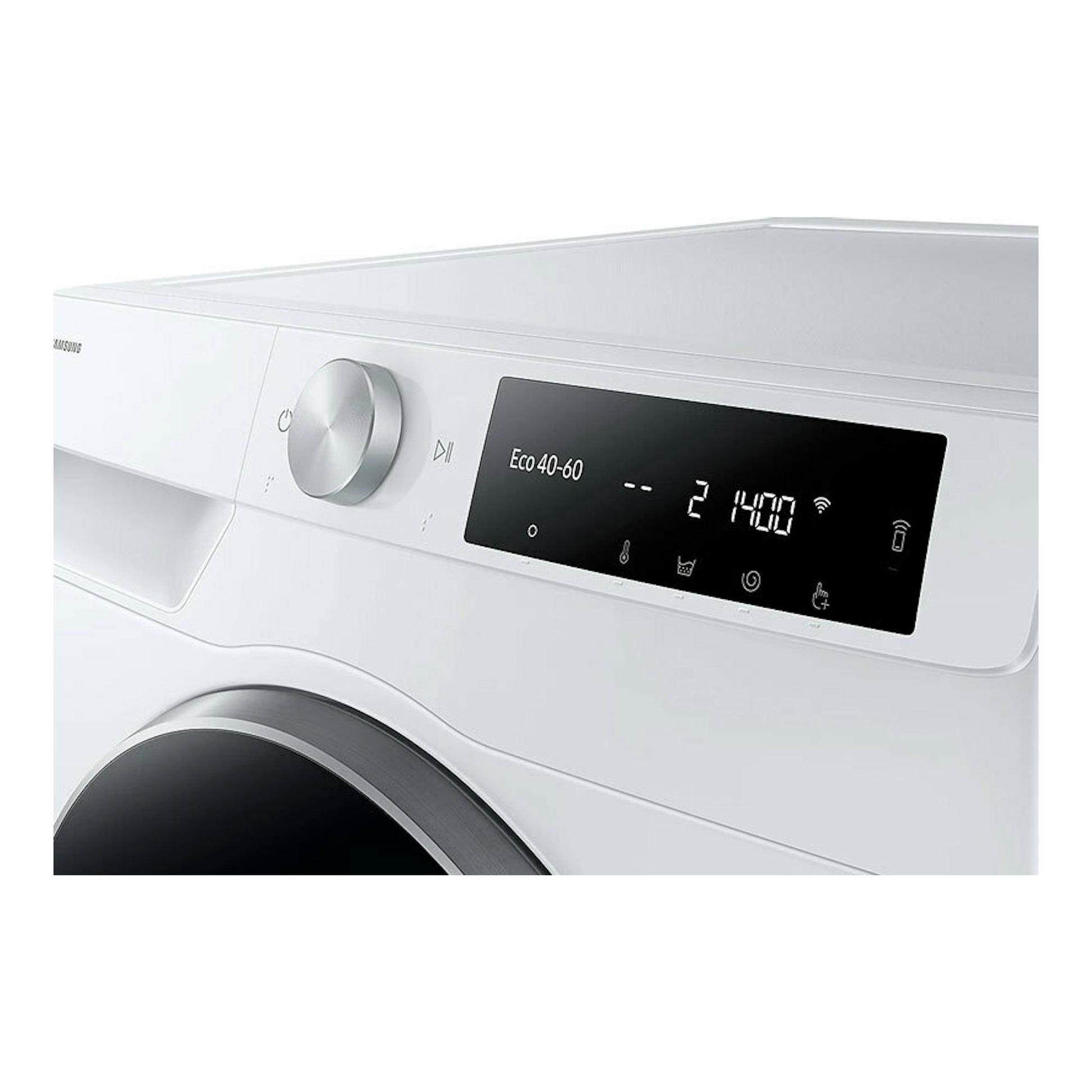 Lavadora Samsung WW90DG6U85LEU3 blanca, vista frontal parcial con selector y panel digital iluminado.