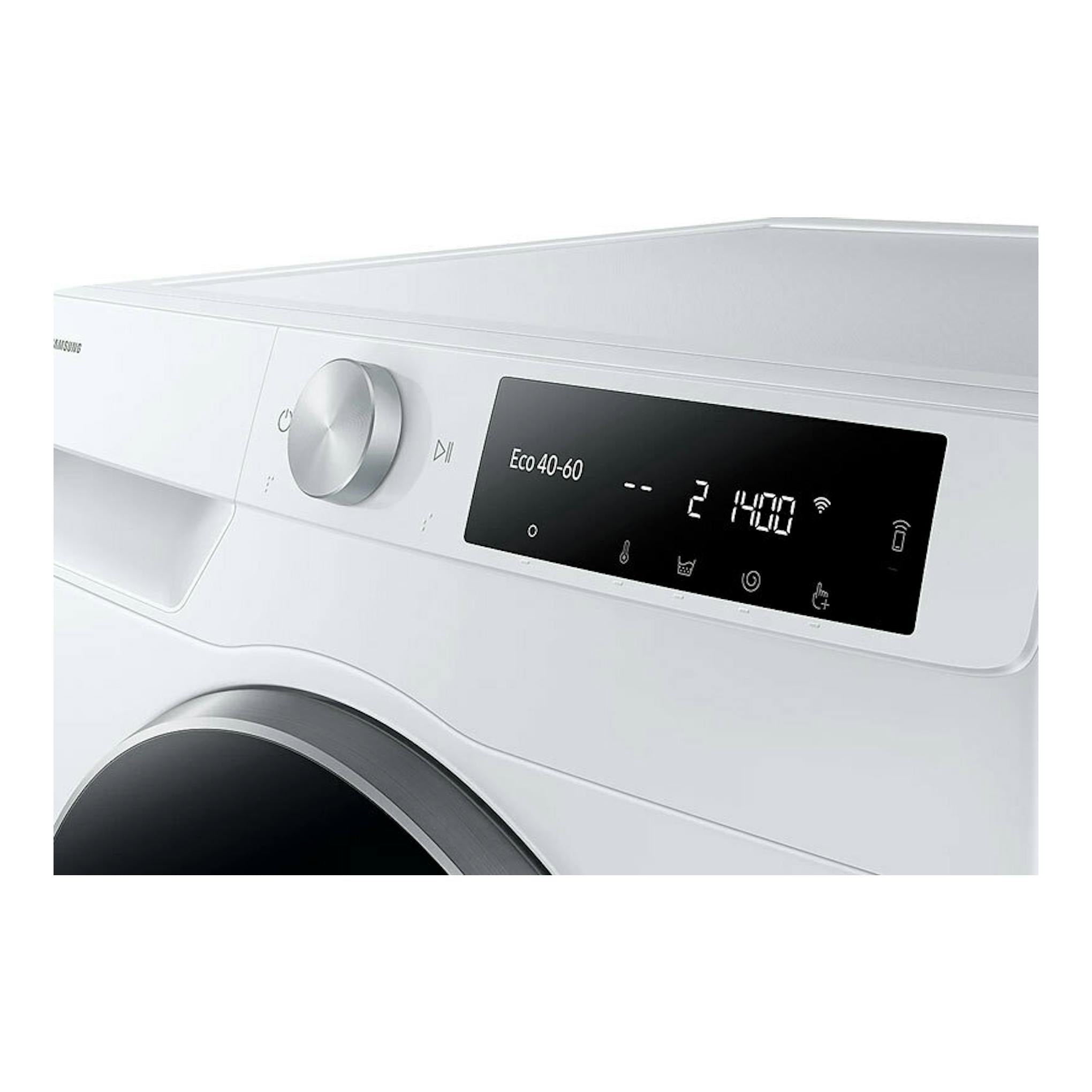 Lavadora Samsung WW90DG6U85LEU3 blanca, vista frontal parcial con selector y panel digital iluminado.