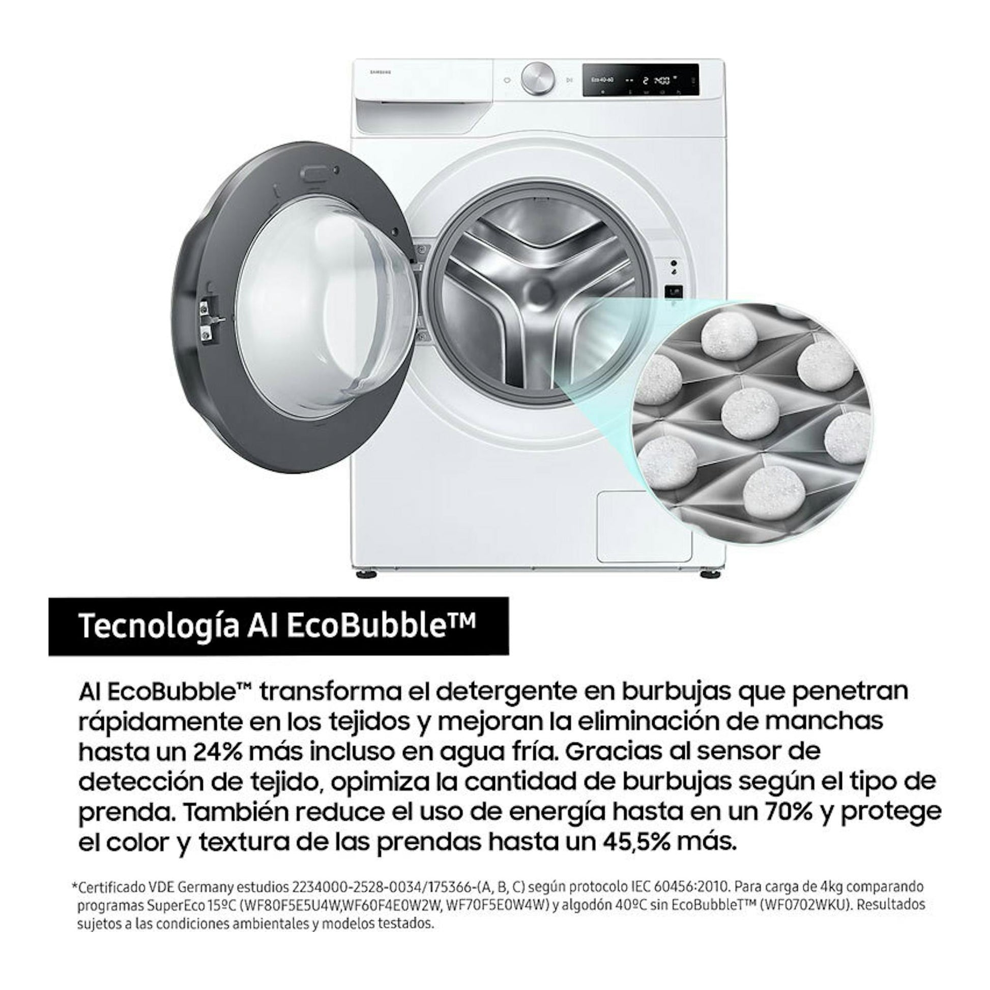 Lavadora Samsung WW90DG6U85LEU3 blanca, vista frontal, con puerta abierta y detalle de tambor EcoBubble.
