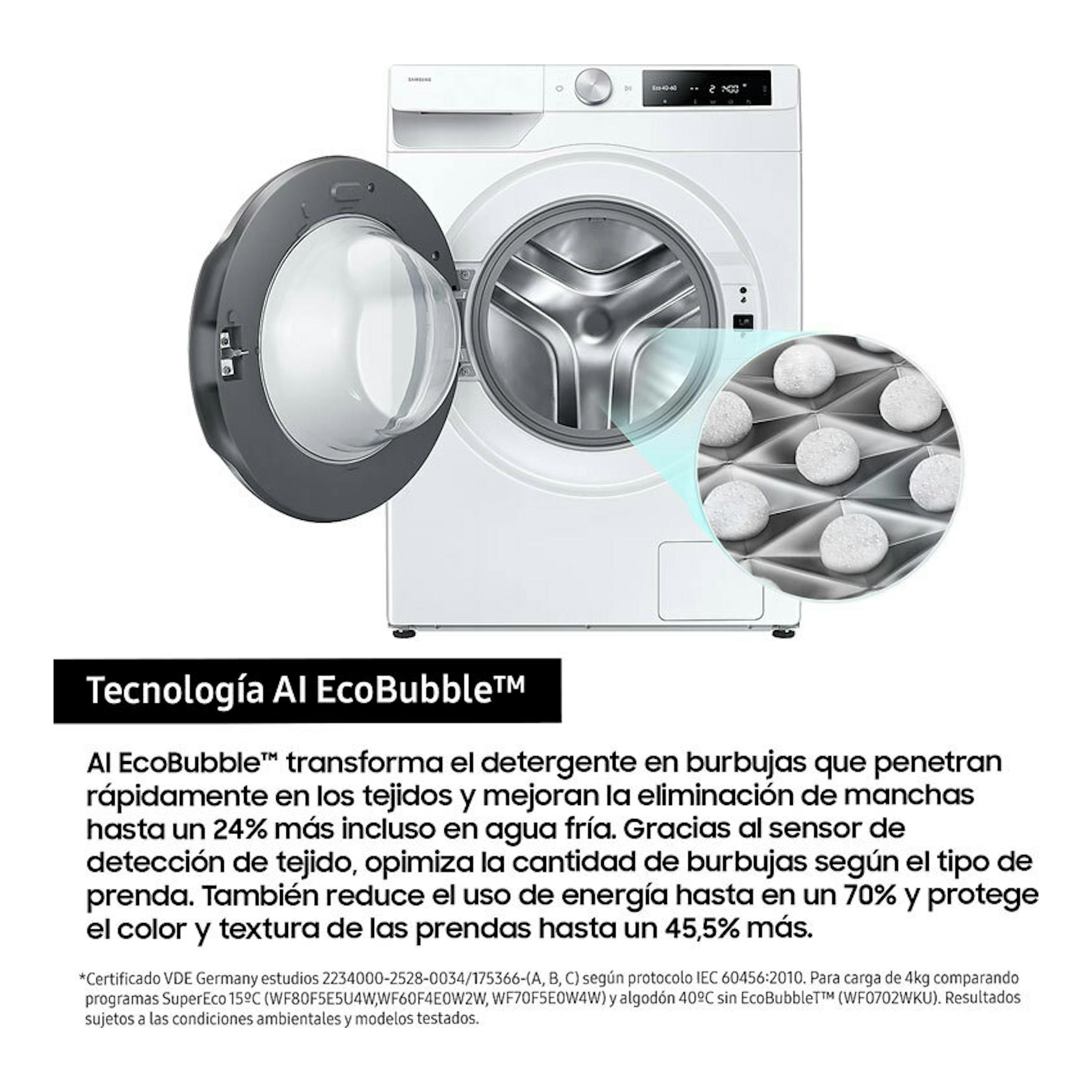 Lavadora Samsung WW90DG6U85LEU3 blanca, vista frontal, con puerta abierta y detalle de tambor EcoBubble.