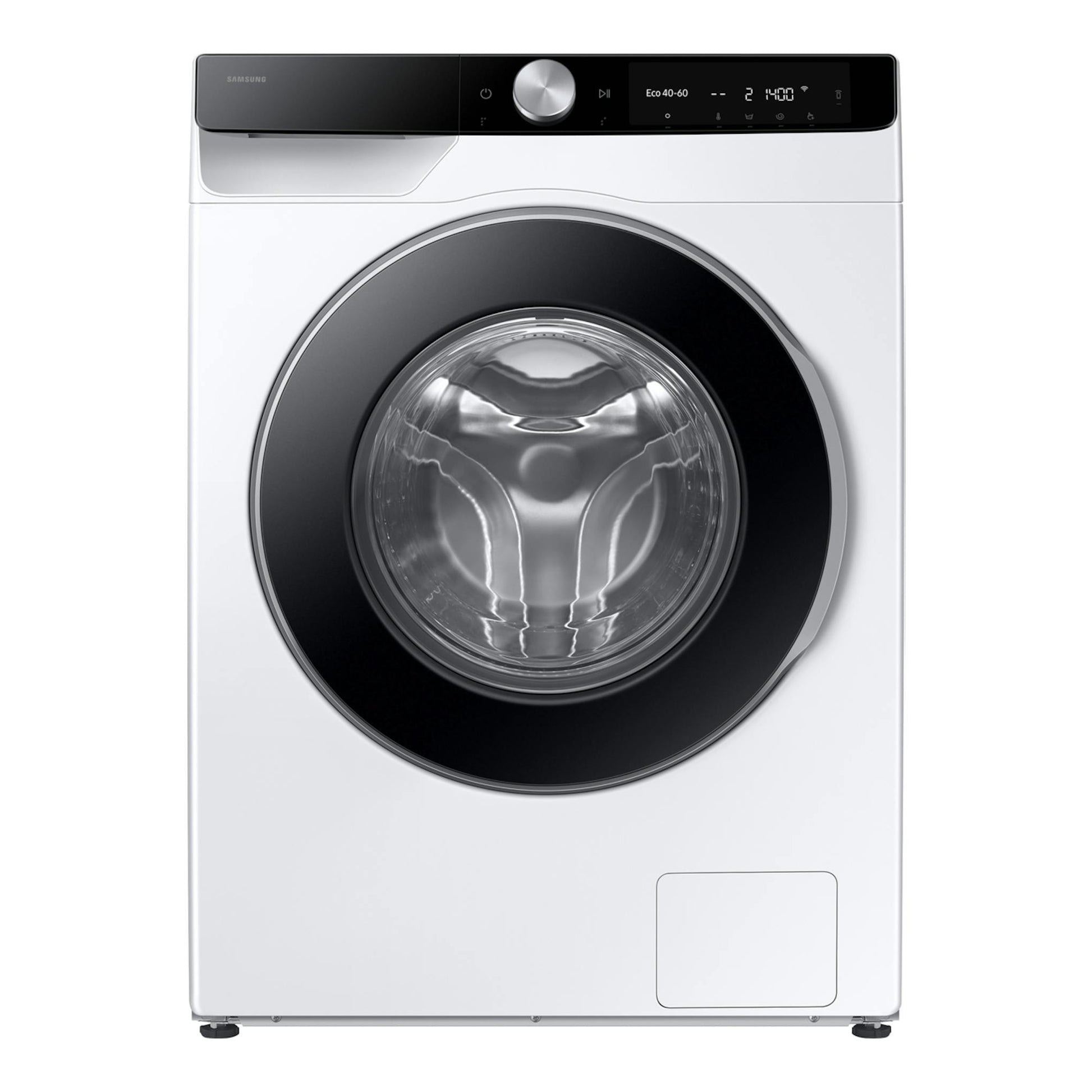 Lavadora Samsung WW90DG6U85LKU3 blanca, vista frontal, con puerta circular negra y panel digital superior.