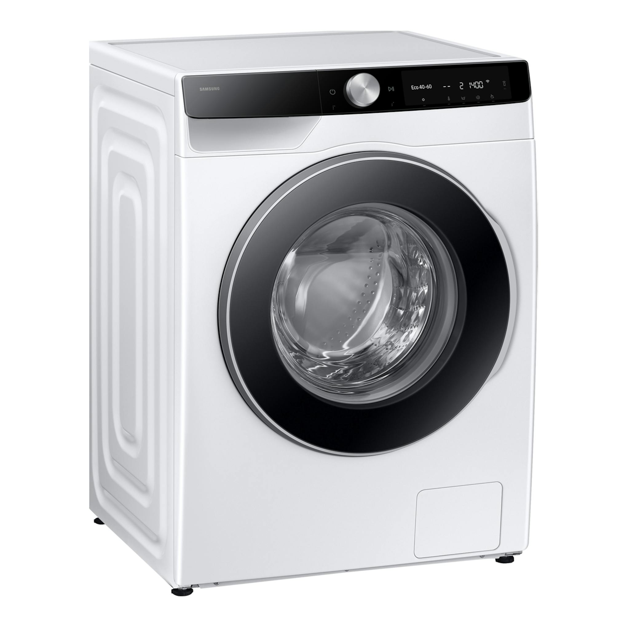 Lavadora frontal Samsung WW90DG6U85LKU3 blanca, con puerta negra y panel digital superior.