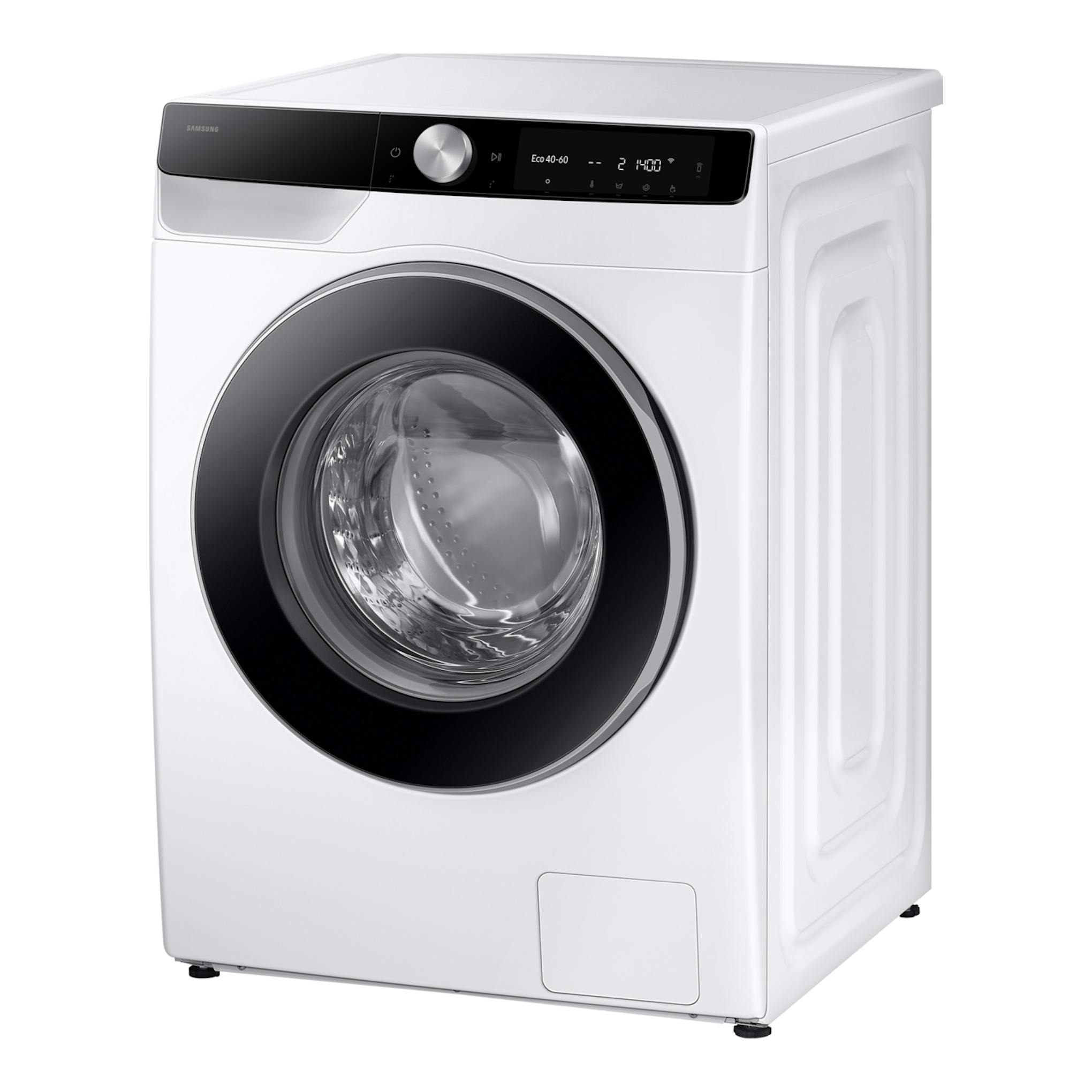Lavadora Samsung WW90DG6U85LKU3 blanca, vista frontal en ángulo, con puerta negra y panel digital.