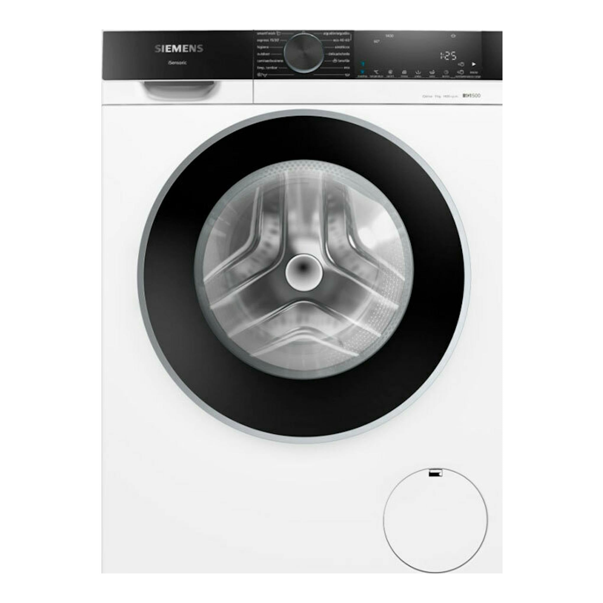 Lavadora Siemens WG44G2ZAES blanca, vista frontal, con puerta negra circular y panel digital superior.