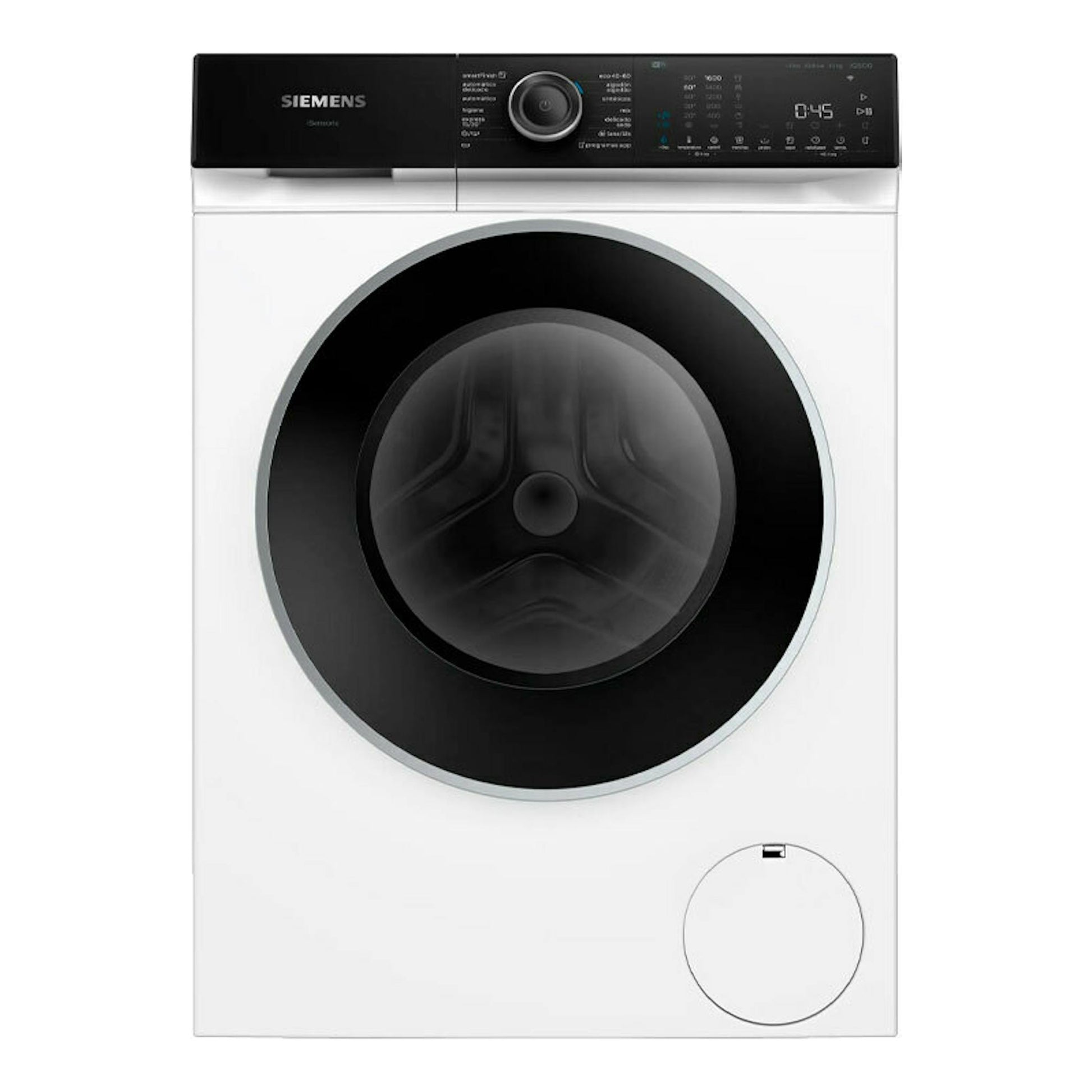 Lavadora frontal Siemens WG44H2A0ES blanca, vista frontal, con panel superior negro y puerta circular negra.