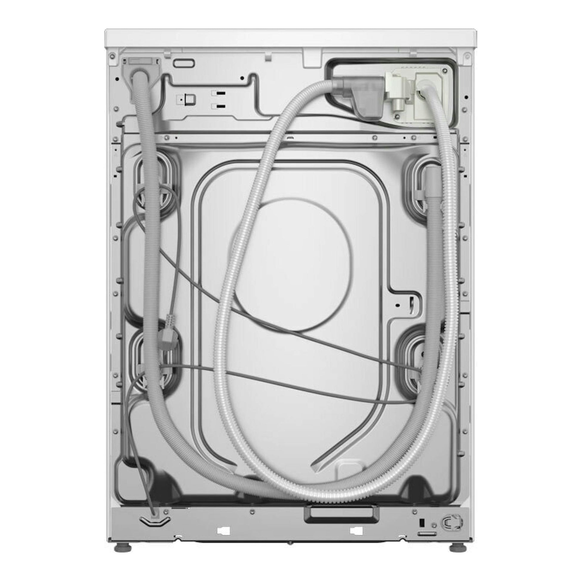 Lavadora Siemens WG44H2A0ES, vista trasera en blanco con mangueras y cables visibles.