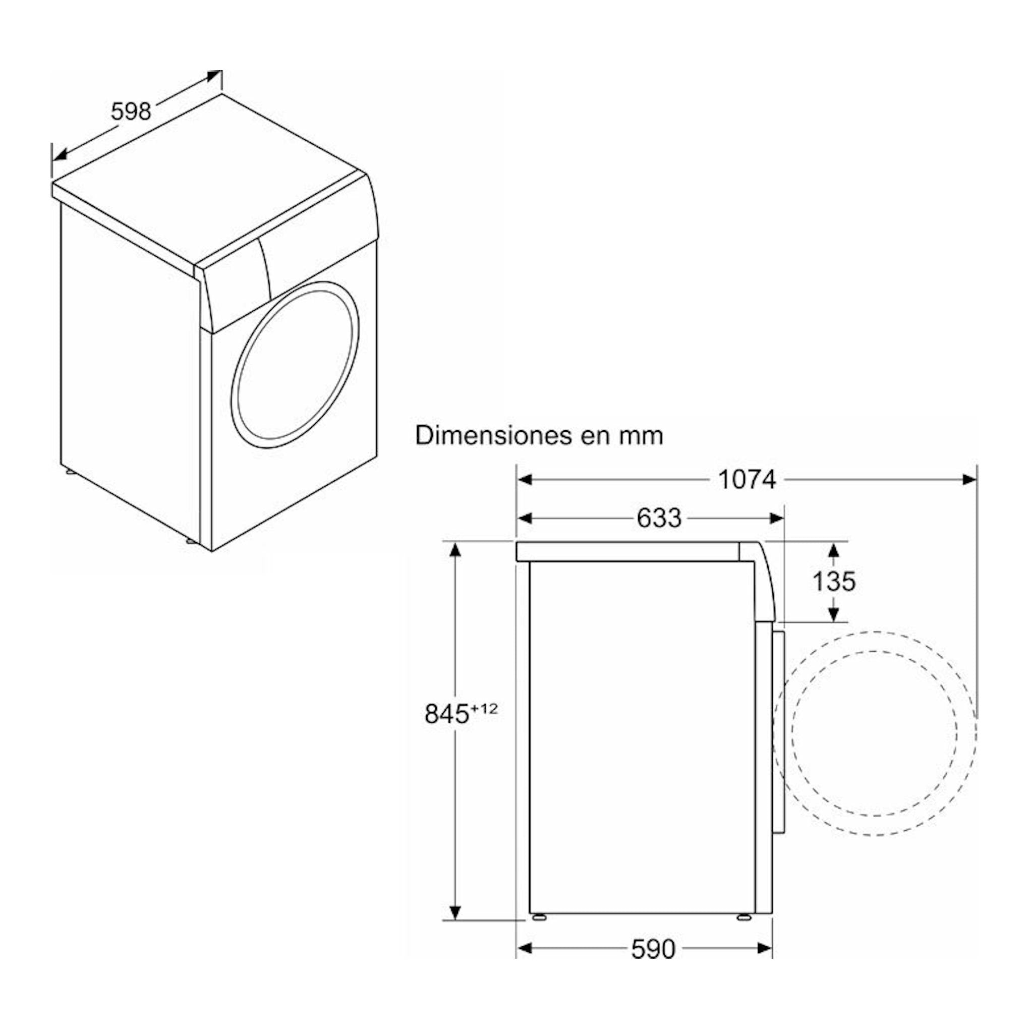 Lavadora Siemens WG44H2A0ES en dibujo técnico, vista frontal y lateral en blanco con cotas en mm.