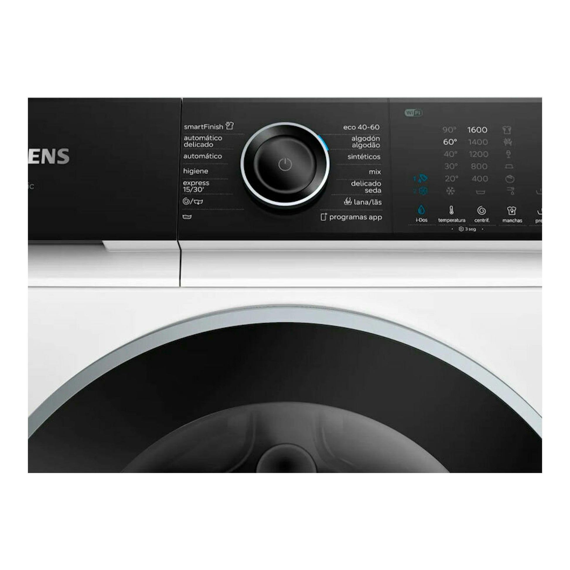 Lavadora Siemens WG44H2A0ES blanca, con panel negro y selector central, vista frontal parcial.