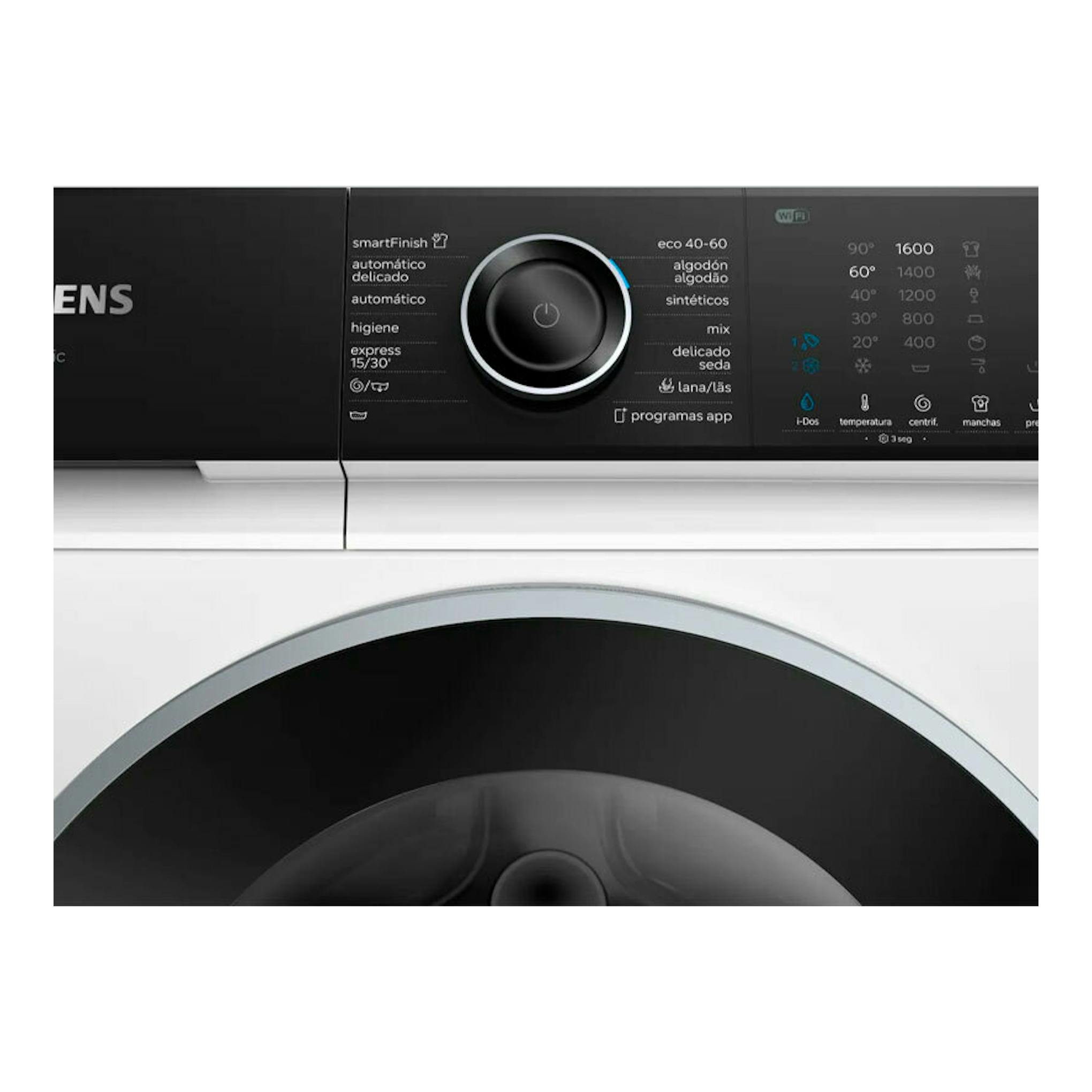 Lavadora Siemens WG44H2A0ES blanca, con panel negro y selector central, vista frontal parcial.