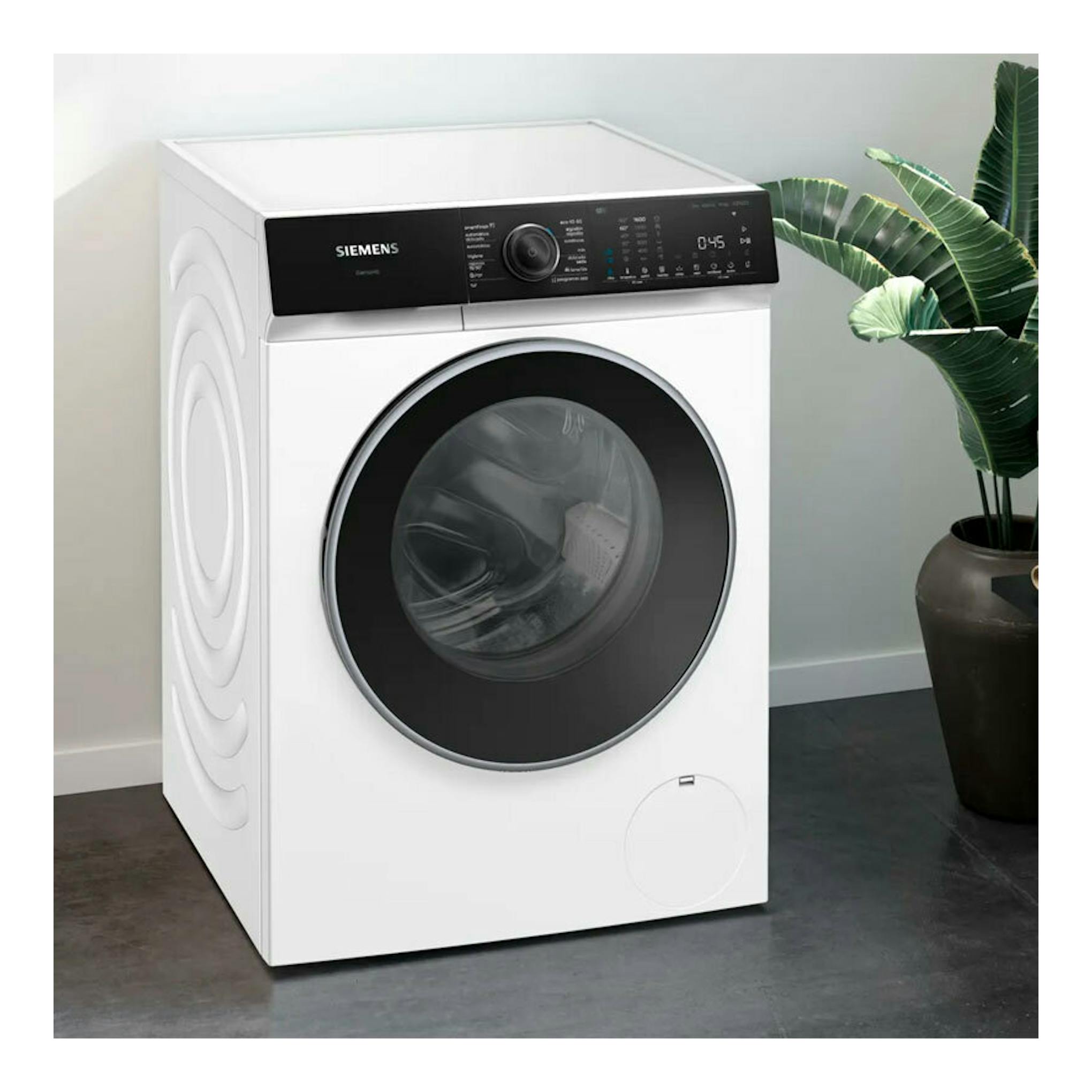 Lavadora Siemens WG44H2A0ES blanca, vista frontal, con puerta circular negra y panel de control superior.
