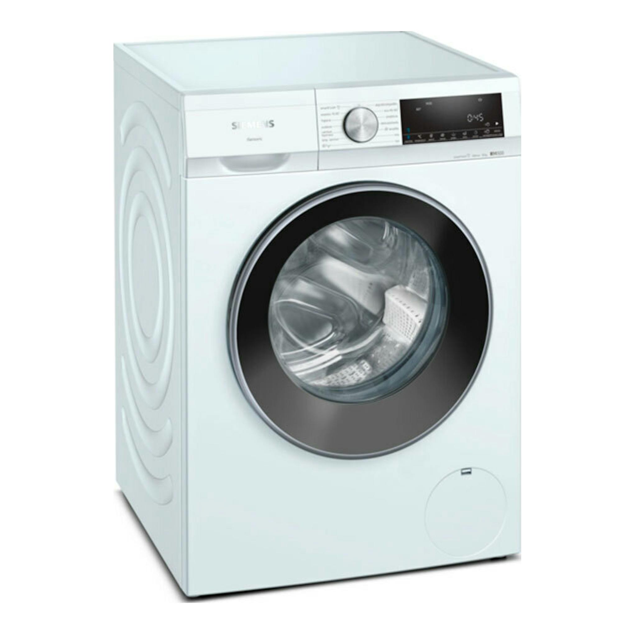 Lavadora Siemens WG54G2Z0ES blanca, vista frontal en ángulo, con puerta circular negra y panel digital.