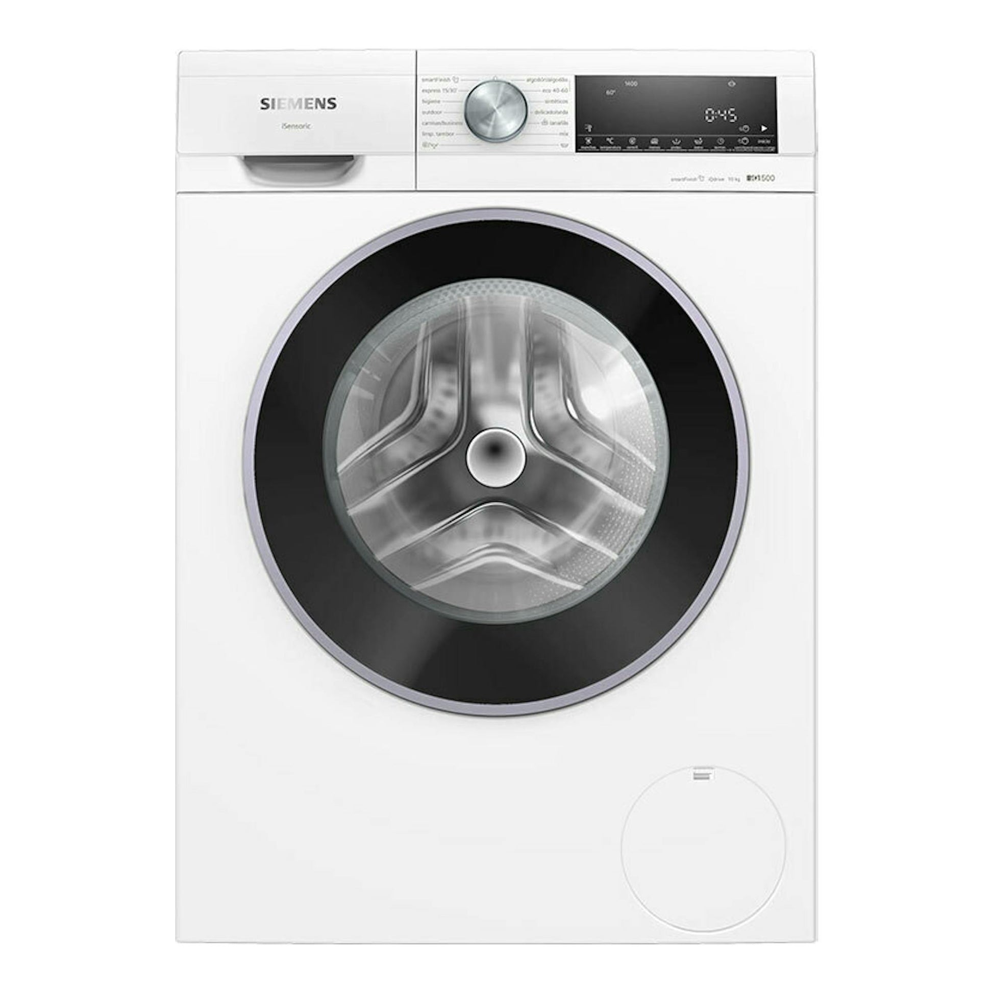 Lavadora frontal Siemens WG54G2Z1ES blanca, vista frontal, con puerta negra circular y panel de control superior.